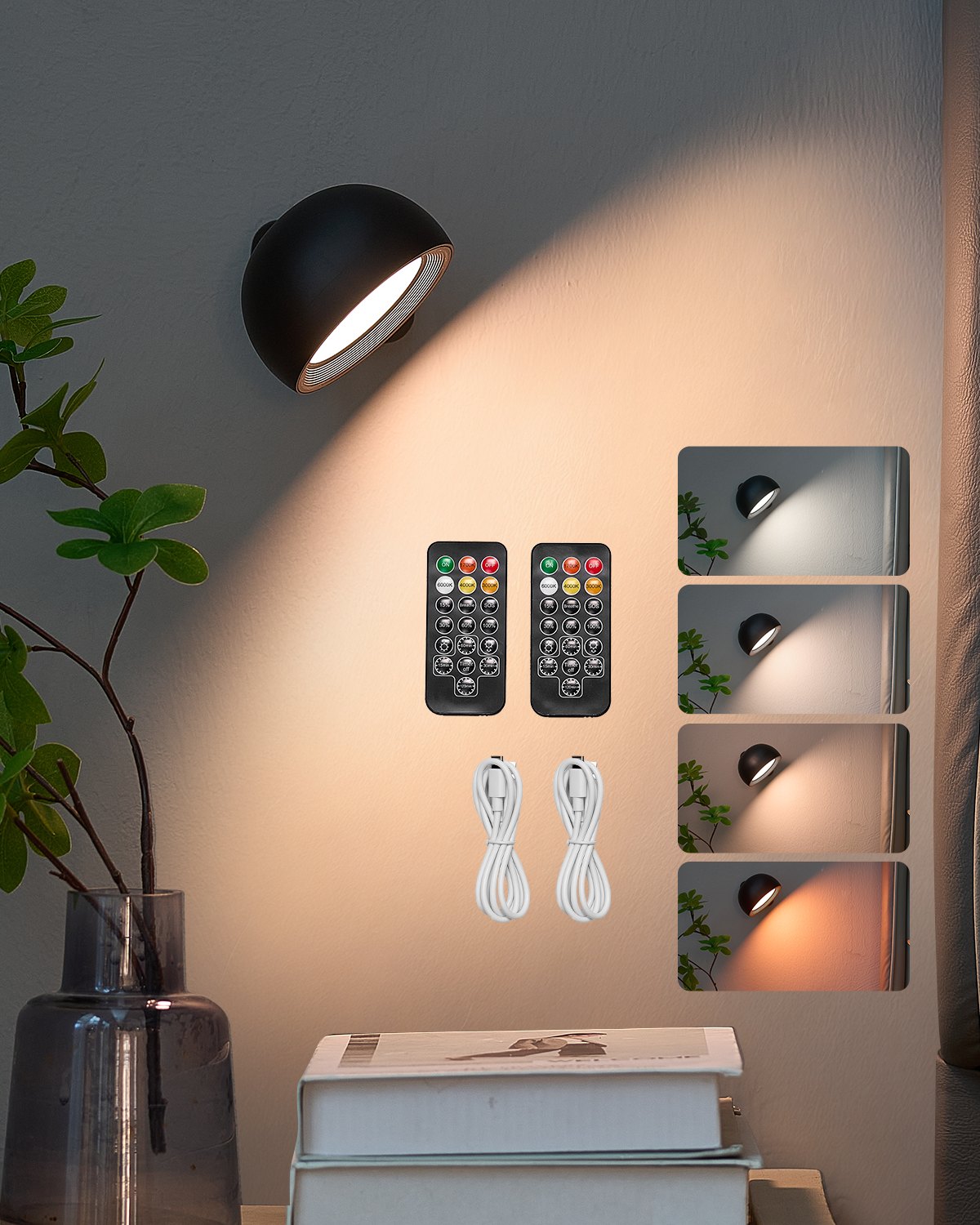 VEVOR 2PCS LED Wall Sconces, Rechargeable Battery Operated Wall Sconces Lamps with Remote Control, 360° Rotation Dimmable Wireless Wall Lights with Adjustable Color Temps, Brightness & 4-Level Timer
