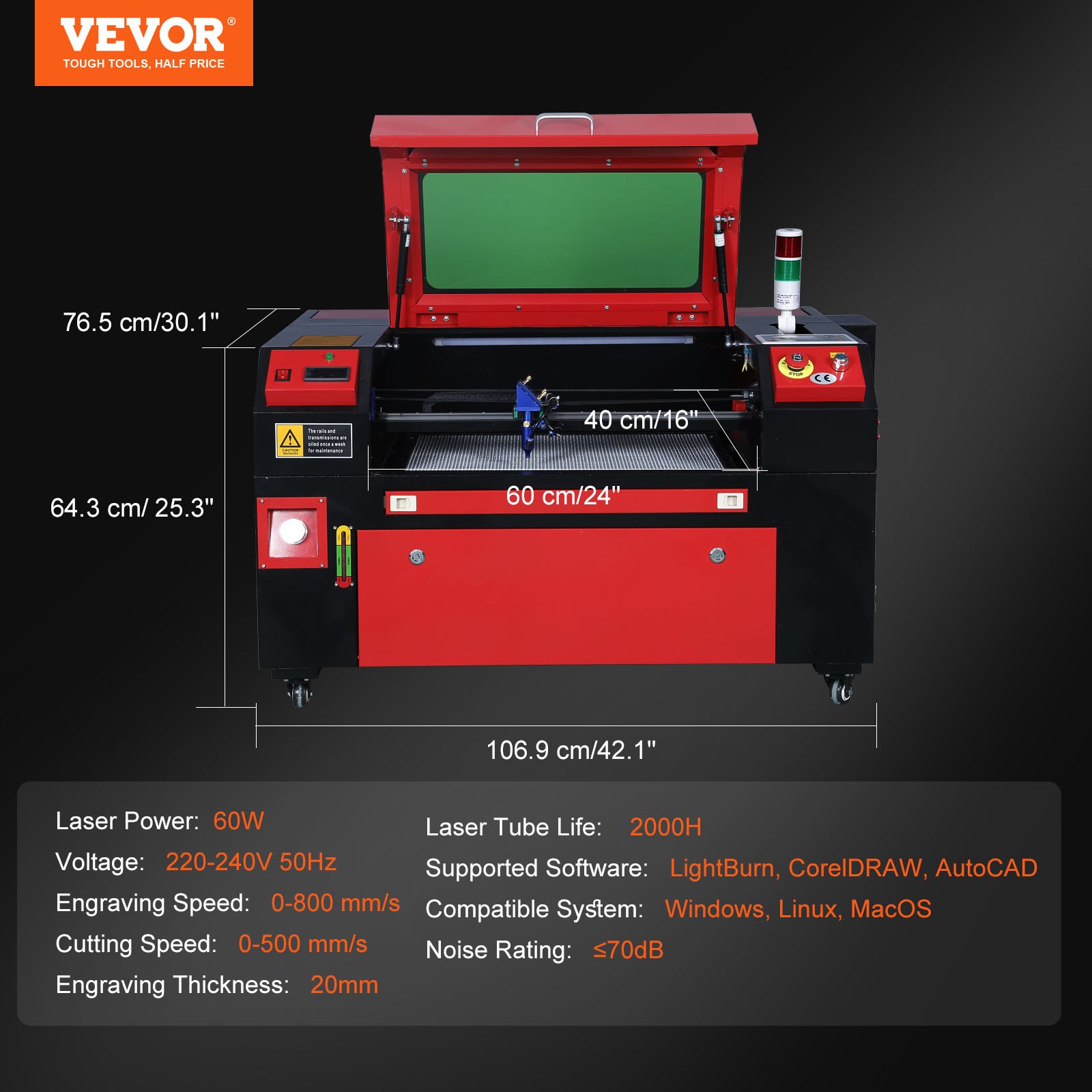 VEVOR 60W CO2 Laser Engraver Engraving Carving Print Machine 400x600 mm Workbed