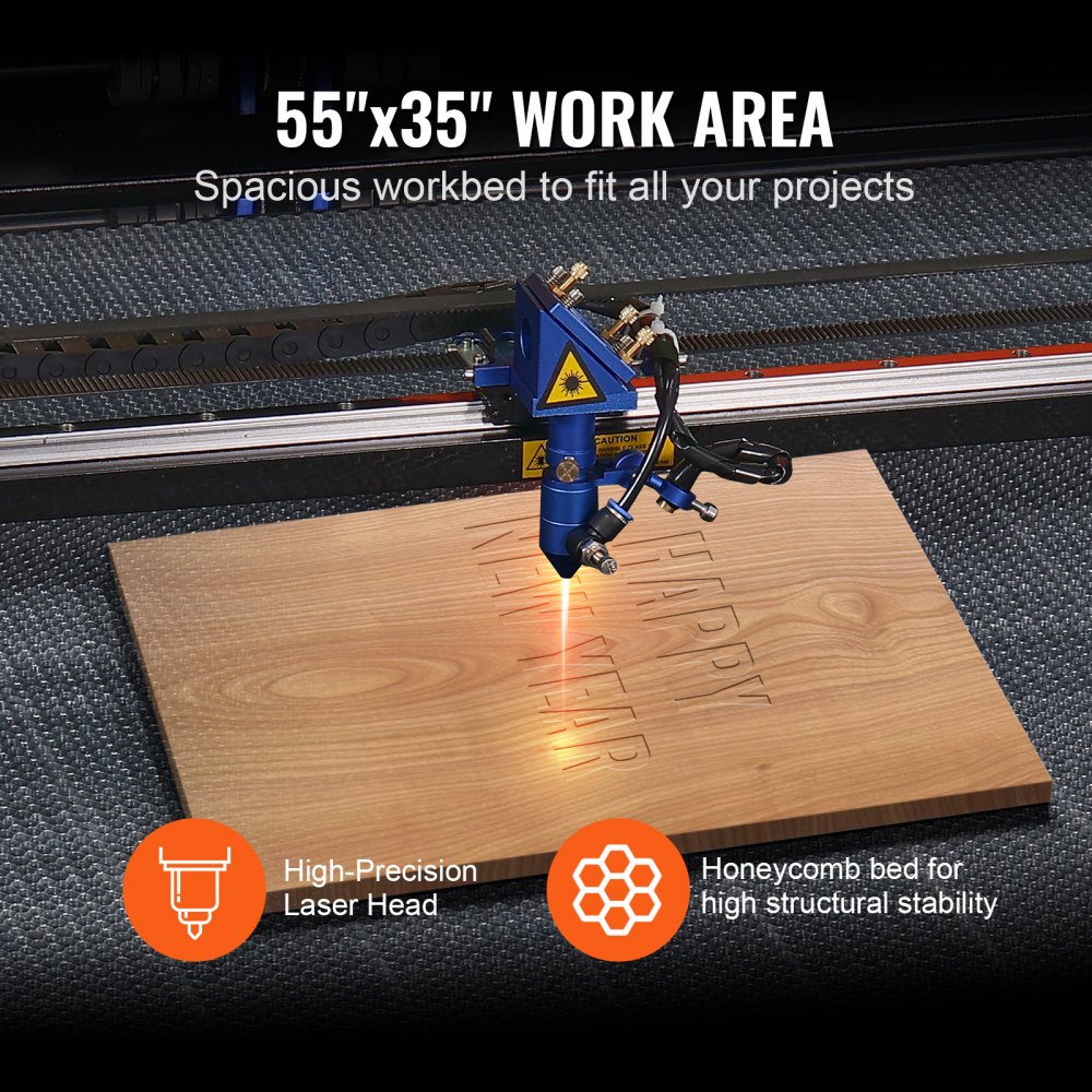 VEVOR 130W CO2-lasergravør, 89 x 140 cm (35 x 55 tommer), 500 mm/s (19,7 IPS) laserskærer med 2-vejs luftassistance, kompatibel med LightBurn, CorelDRAW, AutoCAD, Windows, Mac OS, Linux, til træ, akryl, stof og mere