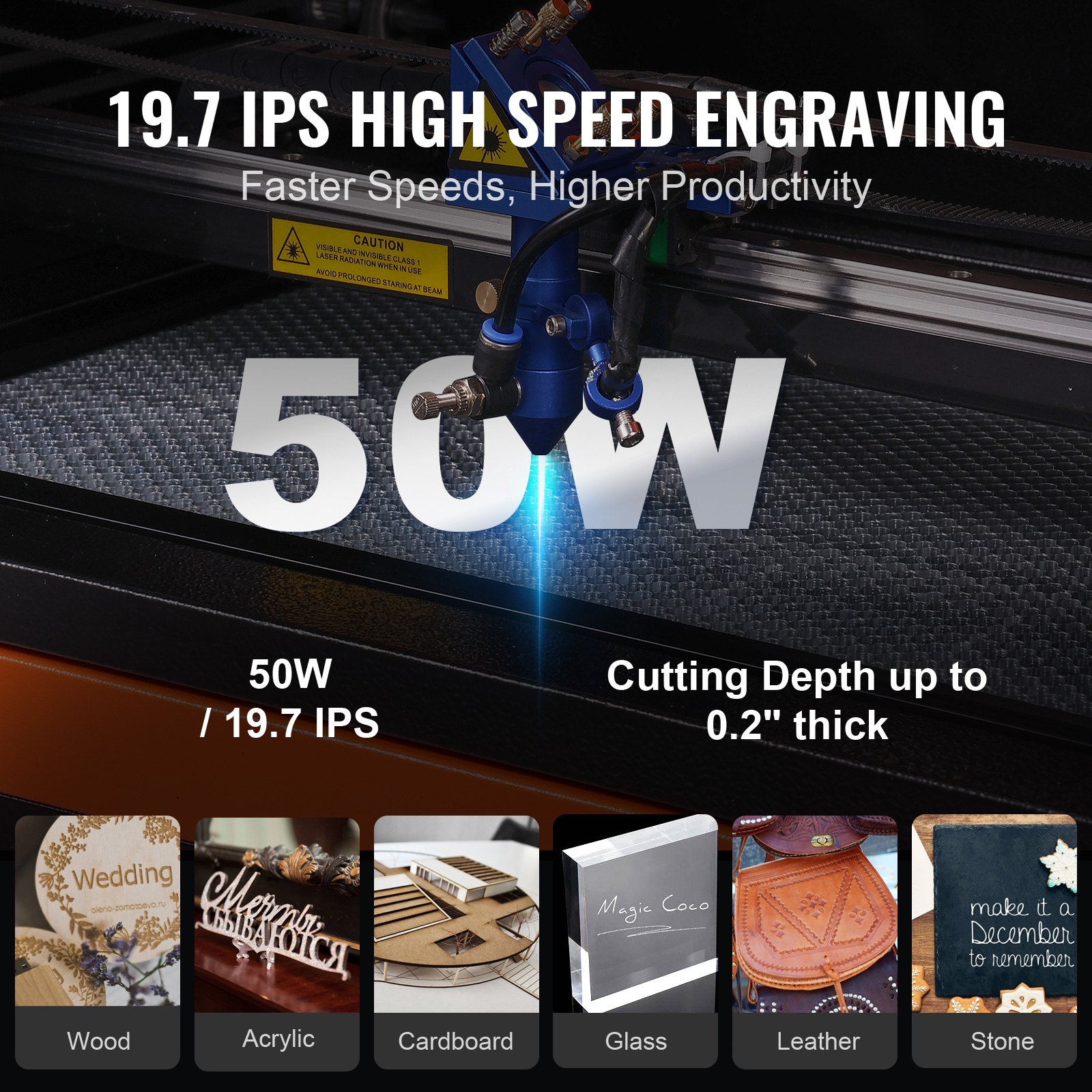 VEVOR 50W CO2 Laser Engraver, 30 x 51 cm(12 x 20 in), 500 mm/s(19.7 IPS) Laser Cutter Machine with 2-Way Pass Air Assist, Compatible with LightBurn, CorelDRAW, AutoCAD, Windows, Mac OS, Linux, for Wood Acrylic Fabric More