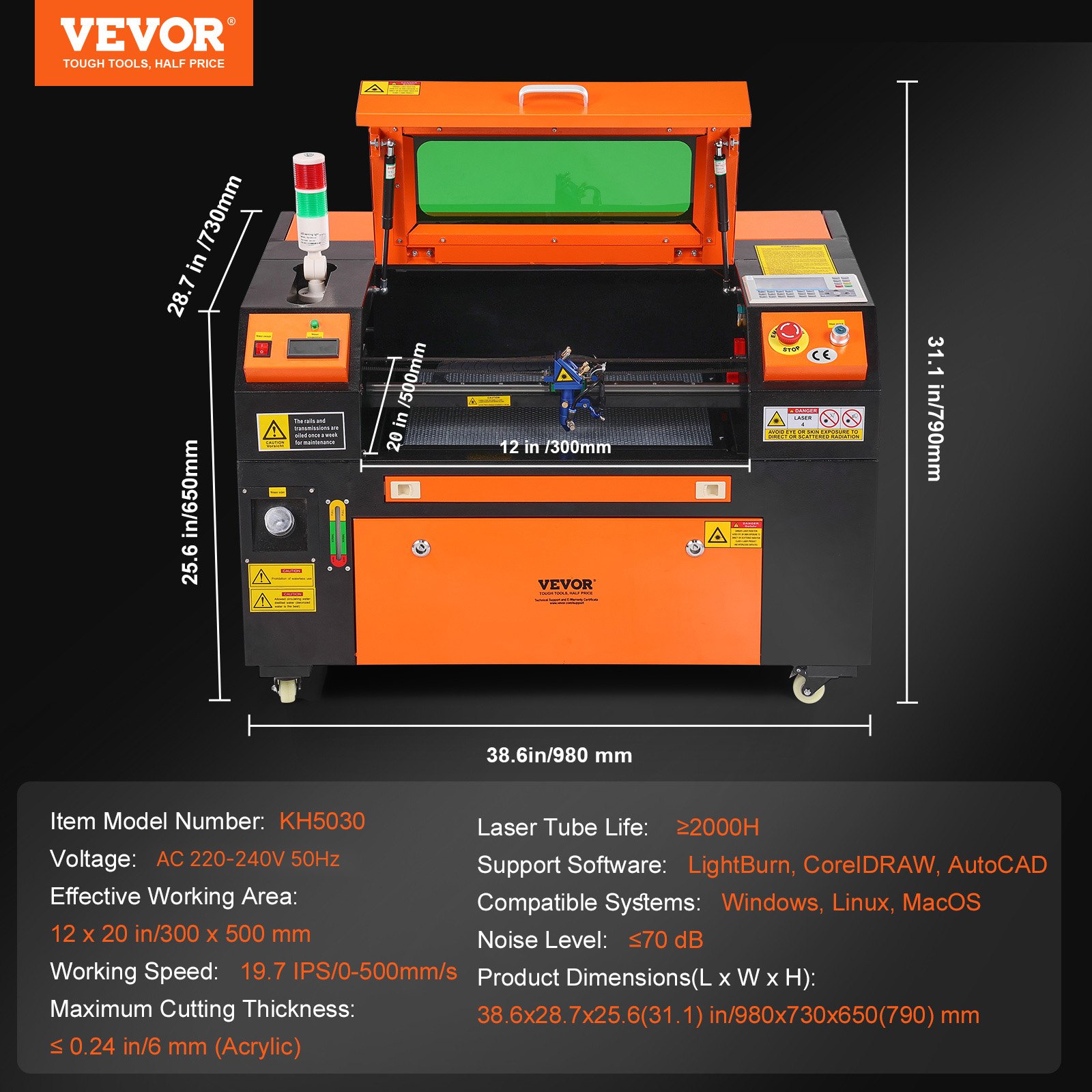 VEVOR 50W CO2 Laser Engraver, 30 x 51 cm(12 x 20 in), 500 mm/s(19.7 IPS) Laser Cutter Machine with 2-Way Pass Air Assist, Compatible with LightBurn, CorelDRAW, AutoCAD, Windows, Mac OS, Linux, for Wood Acrylic Fabric More