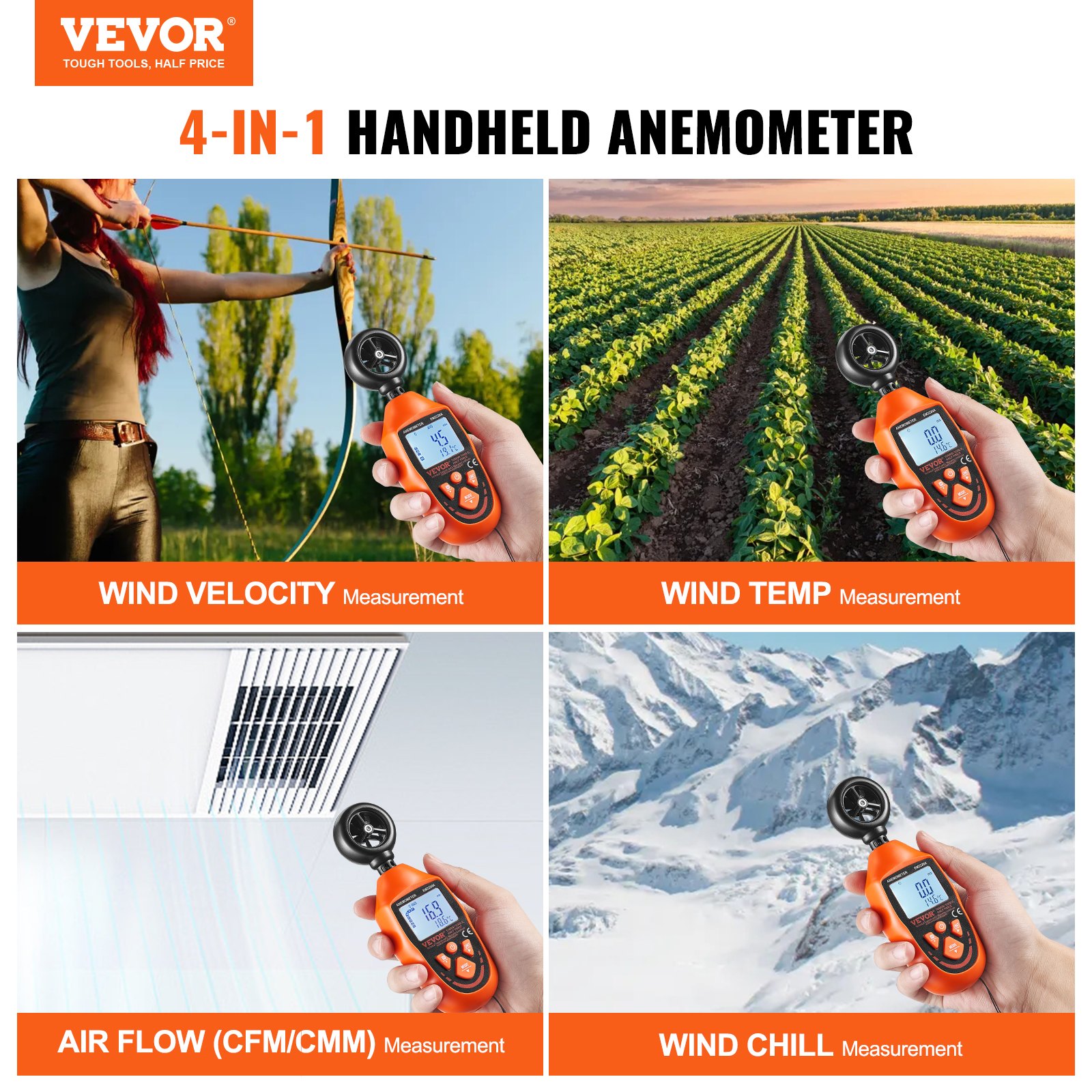 VEVOR Handhållen anemometer, 14℉-113℉, Digital vindhastighetsmätare med LED-bakgrundsbelysningsskärm, Mäter vindhastighet Vindtemperatur Luftflöde Vindavkylning, för segling Surfing Drone Flygande HVAC