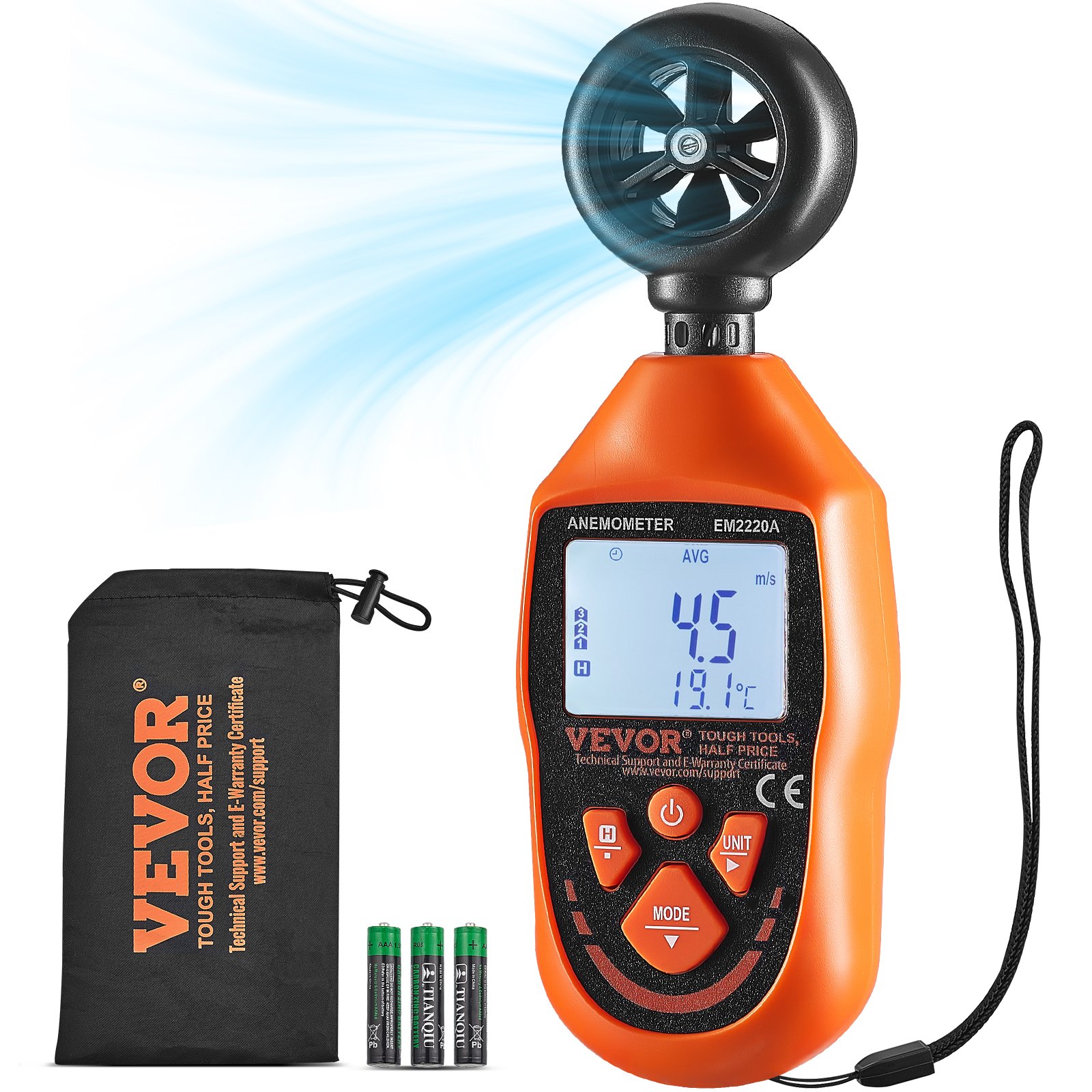 VEVOR Handhållen anemometer, 14℉-113℉, Digital vindhastighetsmätare med LED-bakgrundsbelysningsskärm, Mäter vindhastighet Vindtemperatur Luftflöde Vindavkylning, för segling Surfing Drone Flygande HVAC