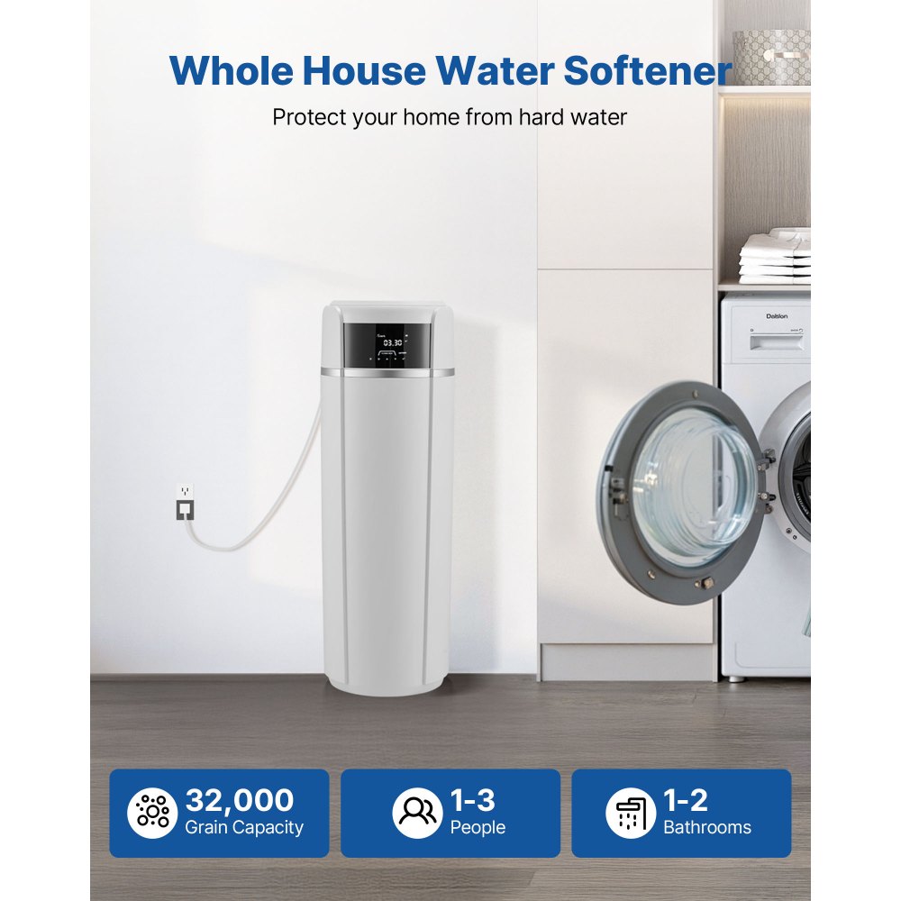 VEVOR Water Softener, 32,000 Grains Whole House Water Softener System, with Automatic Touch Control Panel, Bypass Valve, Reduce Hardness and Minerals, Improve Water Quality, for 1-2 Bathrooms
