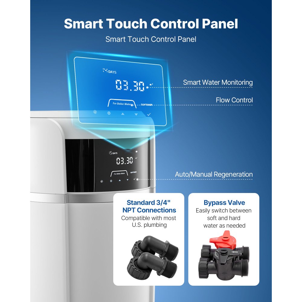 VEVOR Water Softener, 32,000 Grains Whole House Water Softener System, with Automatic Touch Control Panel, Bypass Valve, Reduce Hardness and Minerals, Improve Water Quality, for 1-2 Bathrooms