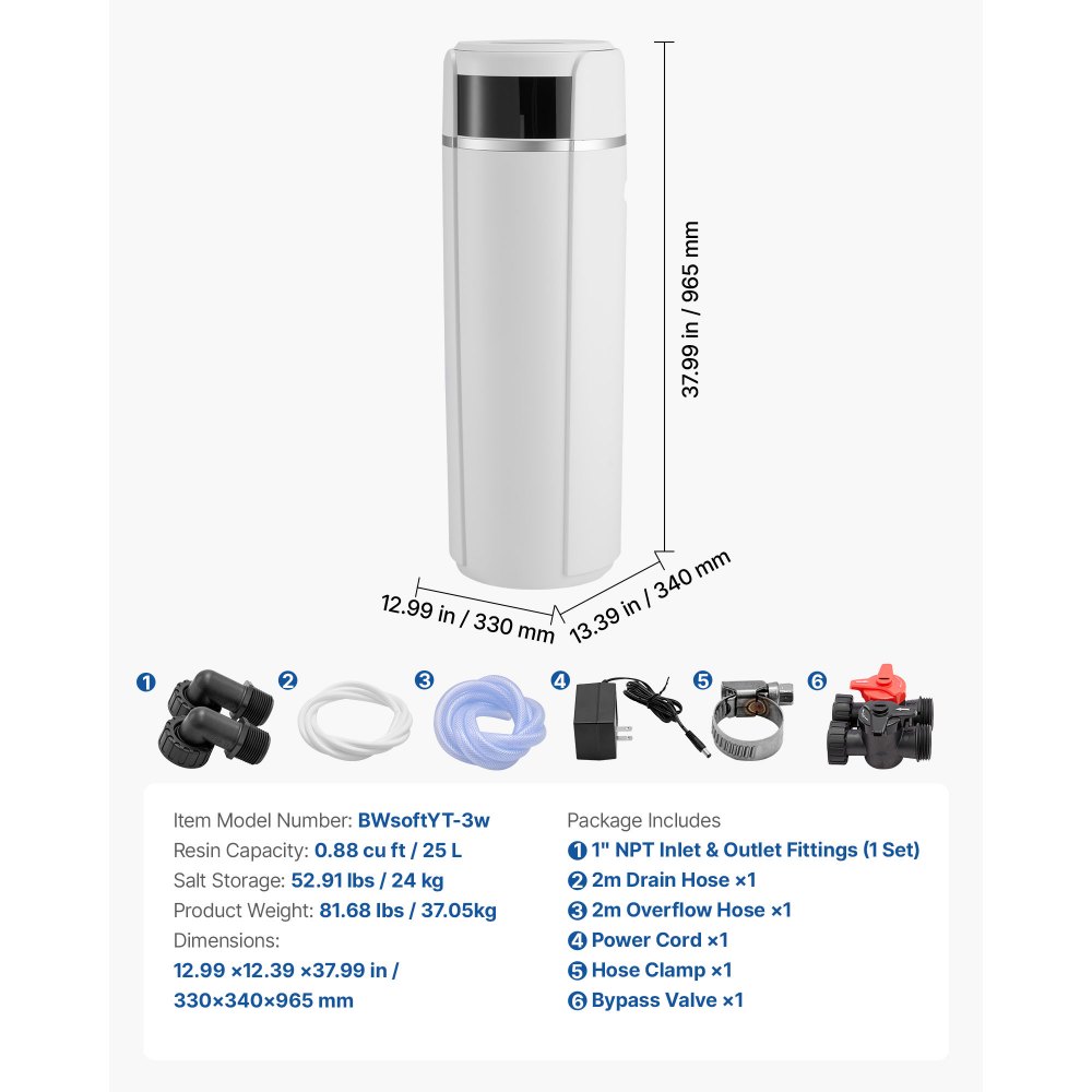 VEVOR Water Softener, 32,000 Grains Whole House Water Softener System, with Automatic Touch Control Panel, Bypass Valve, Reduce Hardness and Minerals, Improve Water Quality, for 1-2 Bathrooms