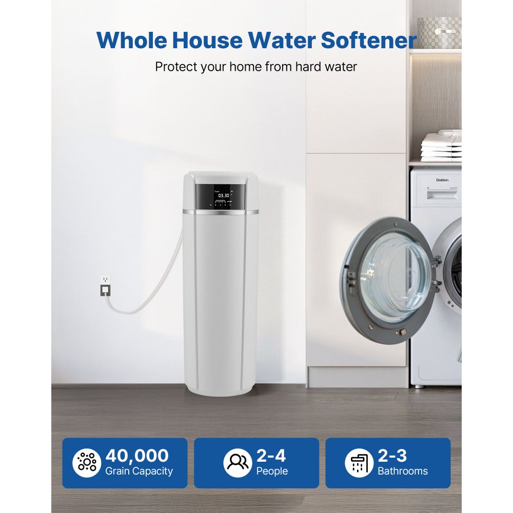 Descalcificador de agua VEVOR, sistema de descalcificación de agua para toda la casa de 40 000 granos, con panel de control táctil automático y válvula de derivación, reduce la dureza y los minerales, mejora la calidad del agua, para 2 o 3 baños.