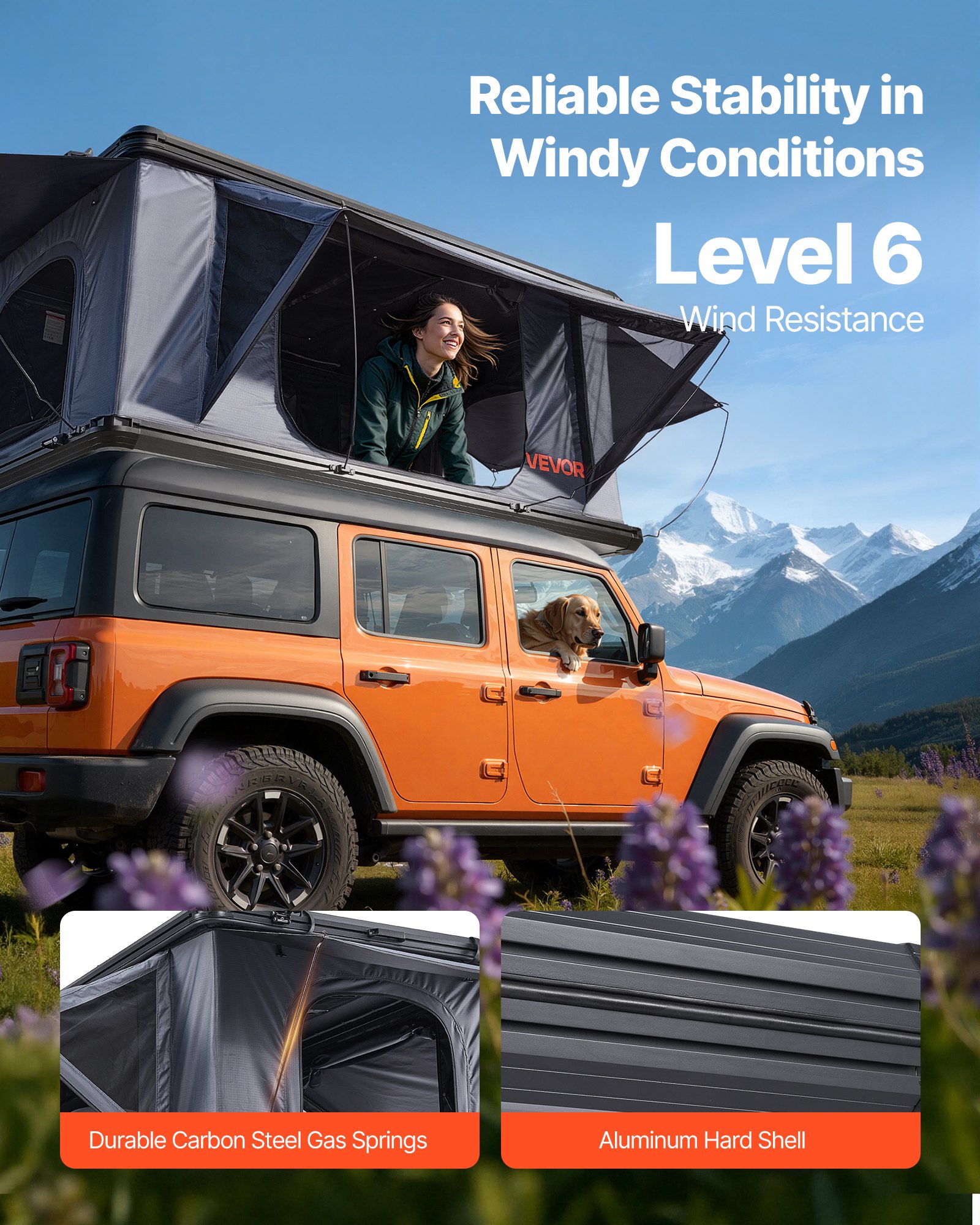 VEVOR Rooftop Tent Hard Shell, 2-3 Person Aluminum Roof Top Tent Hardshell with Tri-Color LED Light, Thick Mattress & 2 Windows, Waterproof Windproof Overland Camping Car Roof Rack for Jeep SUV Pickup