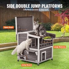 VEVOR Outdoor Cat House Abrigo para gatos selvagens de madeira de 2 andares com varanda e telhado