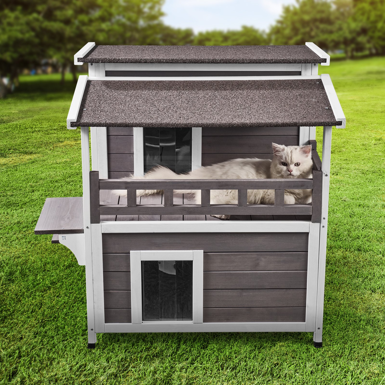 VEVOR Outdoor Cat House Weatherproof, Feral Cat Shelter for Multiple Cats, 2-story Large Outdoor Wooden Cat House with Balcony, Doors, PVC Door Flaps and Open Roof, 30"L x 30"W x 32"H
