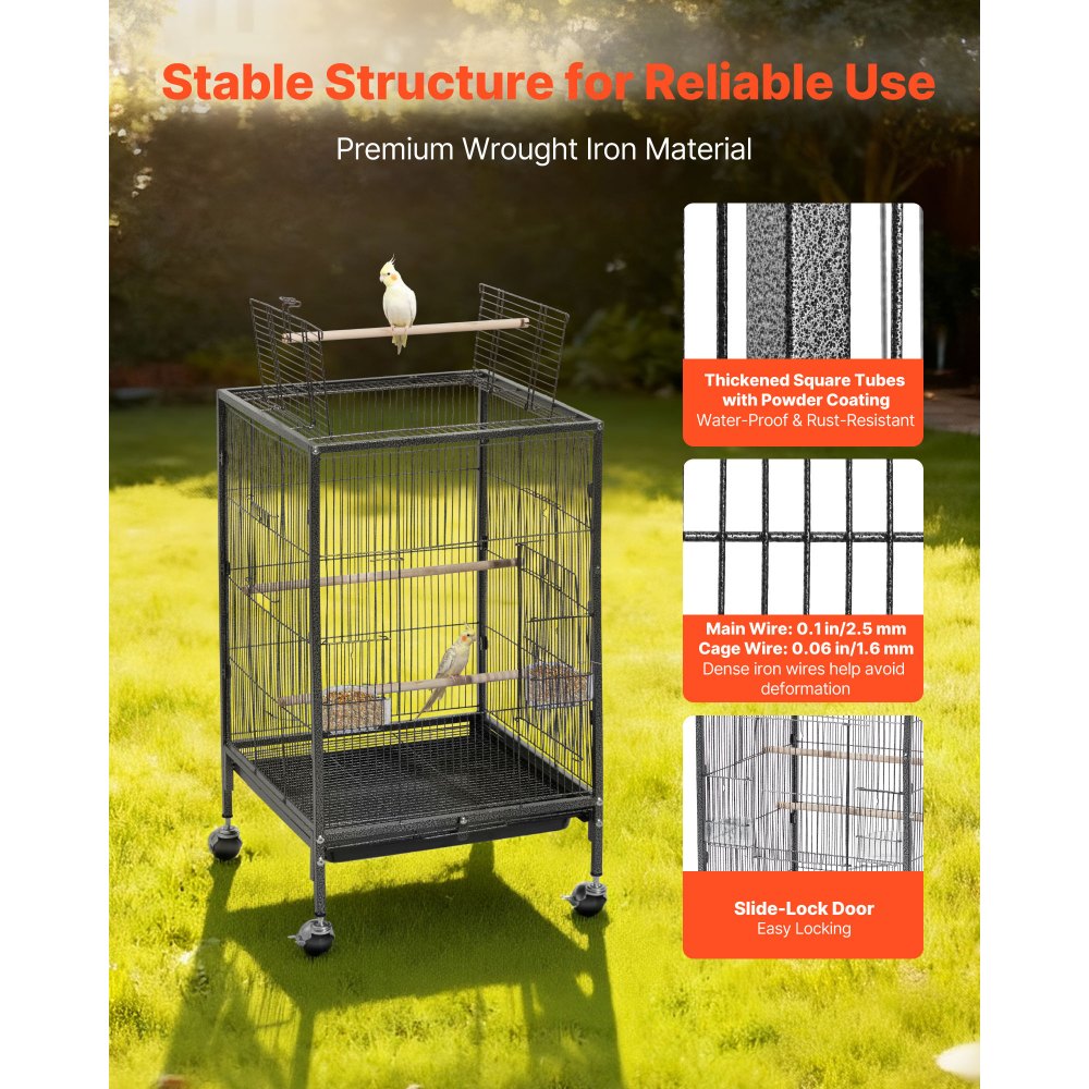 VEVOR Bird Cage, 460 x 460 x 770 mm, Open Flat Top, Wrought Iron Bird Flight Cage with Perches, Slide-Out Tray and Plastic Feeders, Casters, for Parrot, Blue Tit, Cockatiel, Canary, Budgerigar, Conure