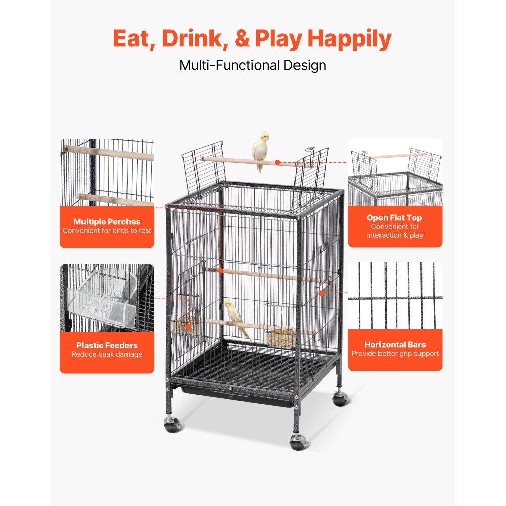 VEVOR Bird Cage, 460 x 460 x 770 mm, Open Flat Top, Wrought Iron Bird Flight Cage with Perches, Slide-Out Tray and Plastic Feeders, Casters, for Parrot, Blue Tit, Cockatiel, Canary, Budgerigar, Conure