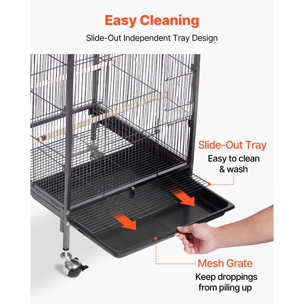 VEVOR Bird Cage, 460 x 460 x 770 mm, Open Flat Top, Wrought Iron Bird Flight Cage with Perches, Slide-Out Tray and Plastic Feeders, Casters, for Parrot, Blue Tit, Cockatiel, Canary, Budgerigar, Conure