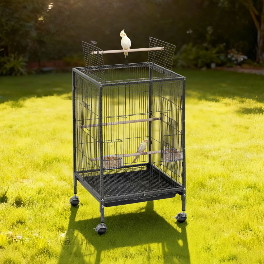 VEVOR Bird Cage, 460 x 460 x 770 mm, Open Flat Top, Wrought Iron Bird Flight Cage with Perches, Slide-Out Tray and Plastic Feeders, Casters, for Parrot, Blue Tit, Cockatiel, Canary, Budgerigar, Conure