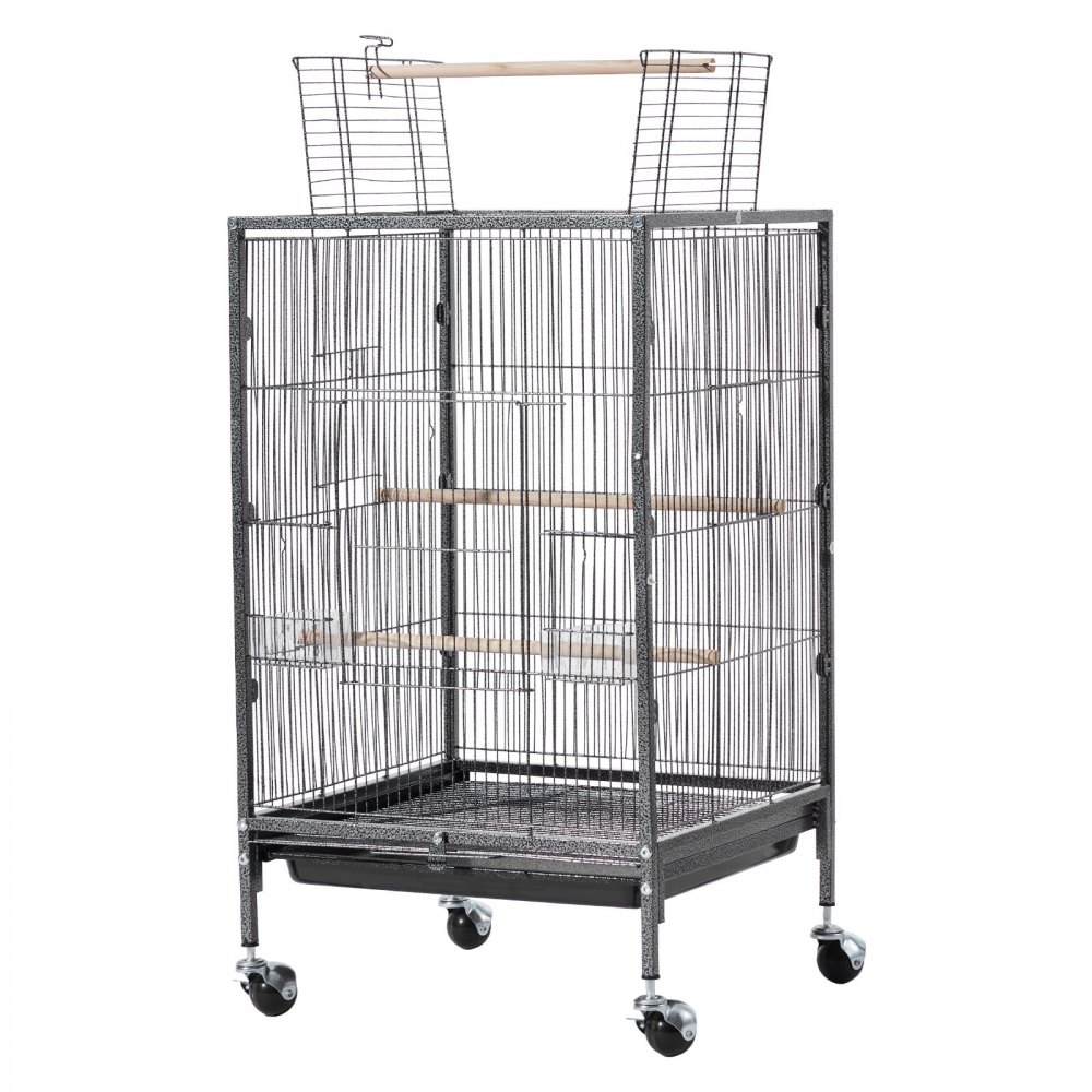 VEVOR Bird Cage, 460 x 460 x 770 mm, Open Flat Top, Wrought Iron Bird Flight Cage with Perches, Slide-Out Tray and Plastic Feeders, Casters, for Parrot, Blue Tit, Cockatiel, Canary, Budgerigar, Conure