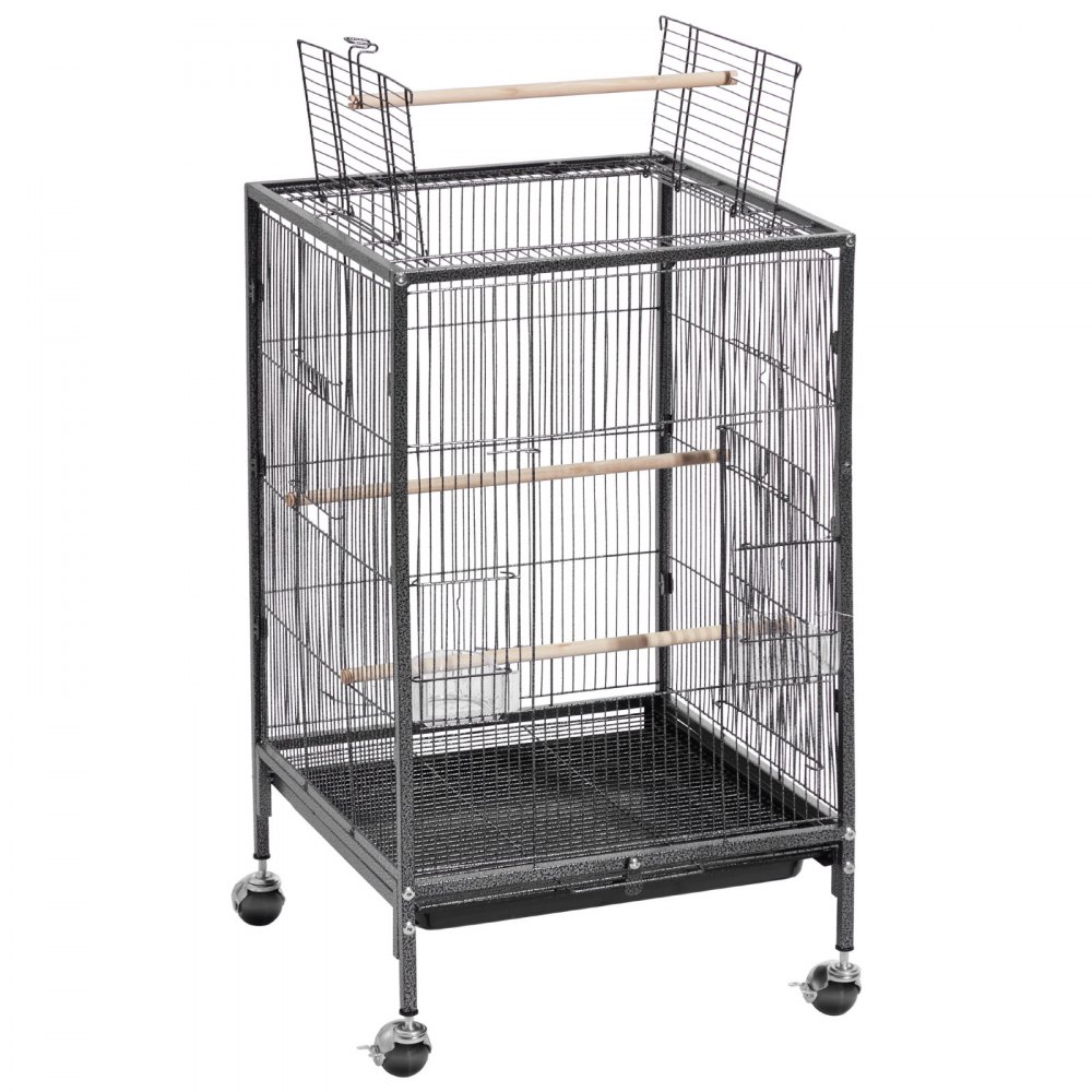 VEVOR Bird Cage, 460 x 460 x 770 mm, Open Flat Top, Wrought Iron Bird Flight Cage with Perches, Slide-Out Tray and Plastic Feeders, Casters, for Parrot, Blue Tit, Cockatiel, Canary, Budgerigar, Conure