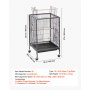 VEVOR Bird Cage, 460 x 460 x 770 mm, Open Flat Top, Wrought Iron Bird Flight Cage with Perches, Slide-Out Tray and Plastic Feeders, Casters, for Parrot, Blue Tit, Cockatiel, Canary, Budgerigar, Conure