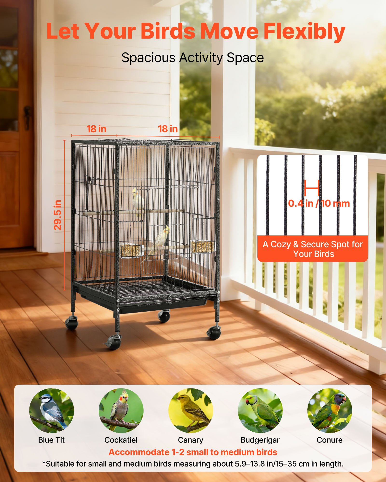 VEVOR Bird Cage, 460 x 460 x 770 mm, Open Flat Top, Wrought Iron Bird Flight Cage with Perches, Slide-Out Tray and Plastic Feeders, Casters, for Parrot, Blue Tit, Cockatiel, Canary, Budgerigar, Conure
