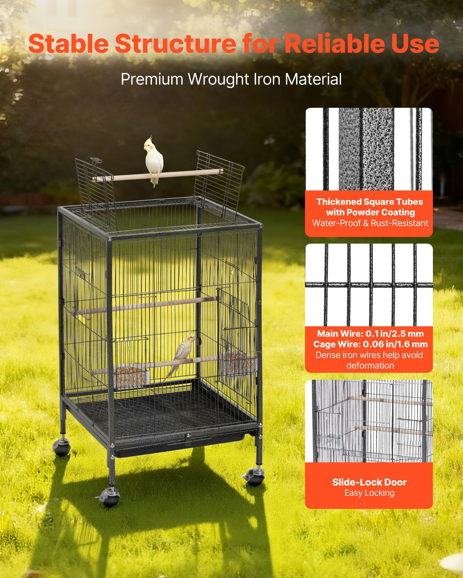 VEVOR Bird Cage, 460 x 460 x 770 mm, Open Flat Top, Wrought Iron Bird Flight Cage with Perches, Slide-Out Tray and Plastic Feeders, Casters, for Parrot, Blue Tit, Cockatiel, Canary, Budgerigar, Conure