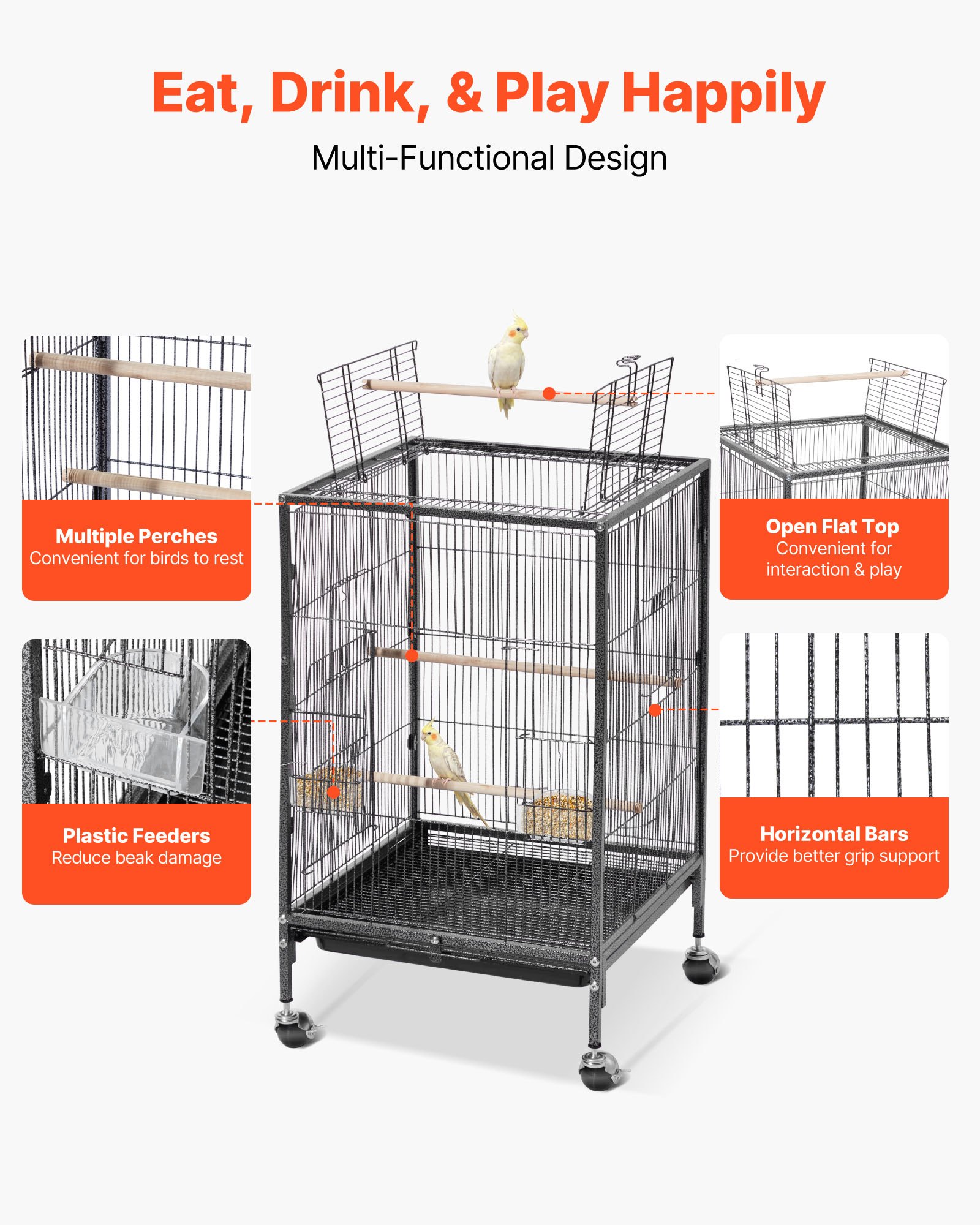 VEVOR Bird Cage, 460 x 460 x 770 mm, Open Flat Top, Wrought Iron Bird Flight Cage with Perches, Slide-Out Tray and Plastic Feeders, Casters, for Parrot, Blue Tit, Cockatiel, Canary, Budgerigar, Conure
