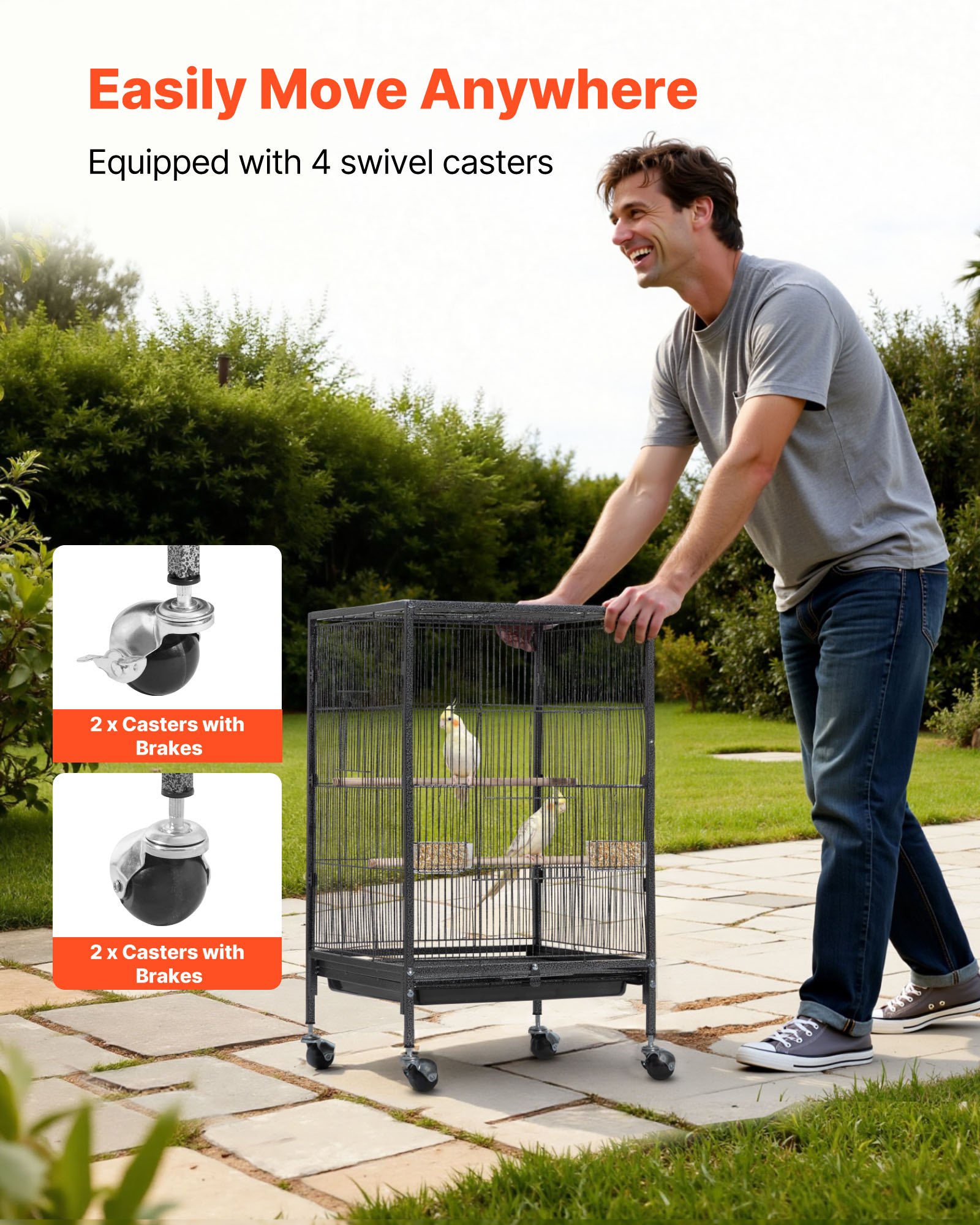 VEVOR Bird Cage, 460 x 460 x 770 mm, Open Flat Top, Wrought Iron Bird Flight Cage with Perches, Slide-Out Tray and Plastic Feeders, Casters, for Parrot, Blue Tit, Cockatiel, Canary, Budgerigar, Conure