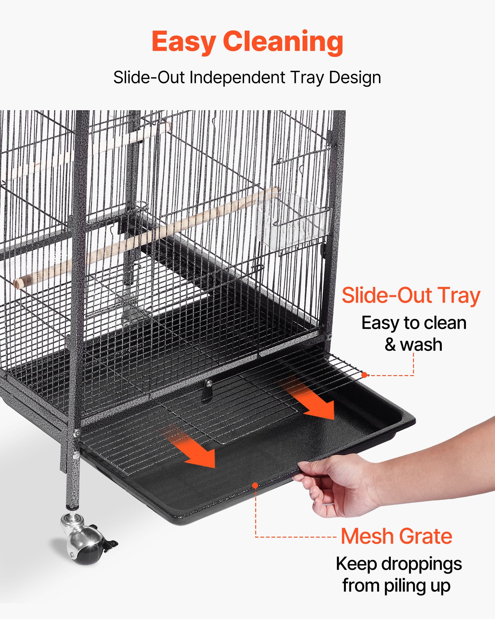 VEVOR Bird Cage, 460 x 460 x 770 mm, Open Flat Top, Wrought Iron Bird Flight Cage with Perches, Slide-Out Tray and Plastic Feeders, Casters, for Parrot, Blue Tit, Cockatiel, Canary, Budgerigar, Conure