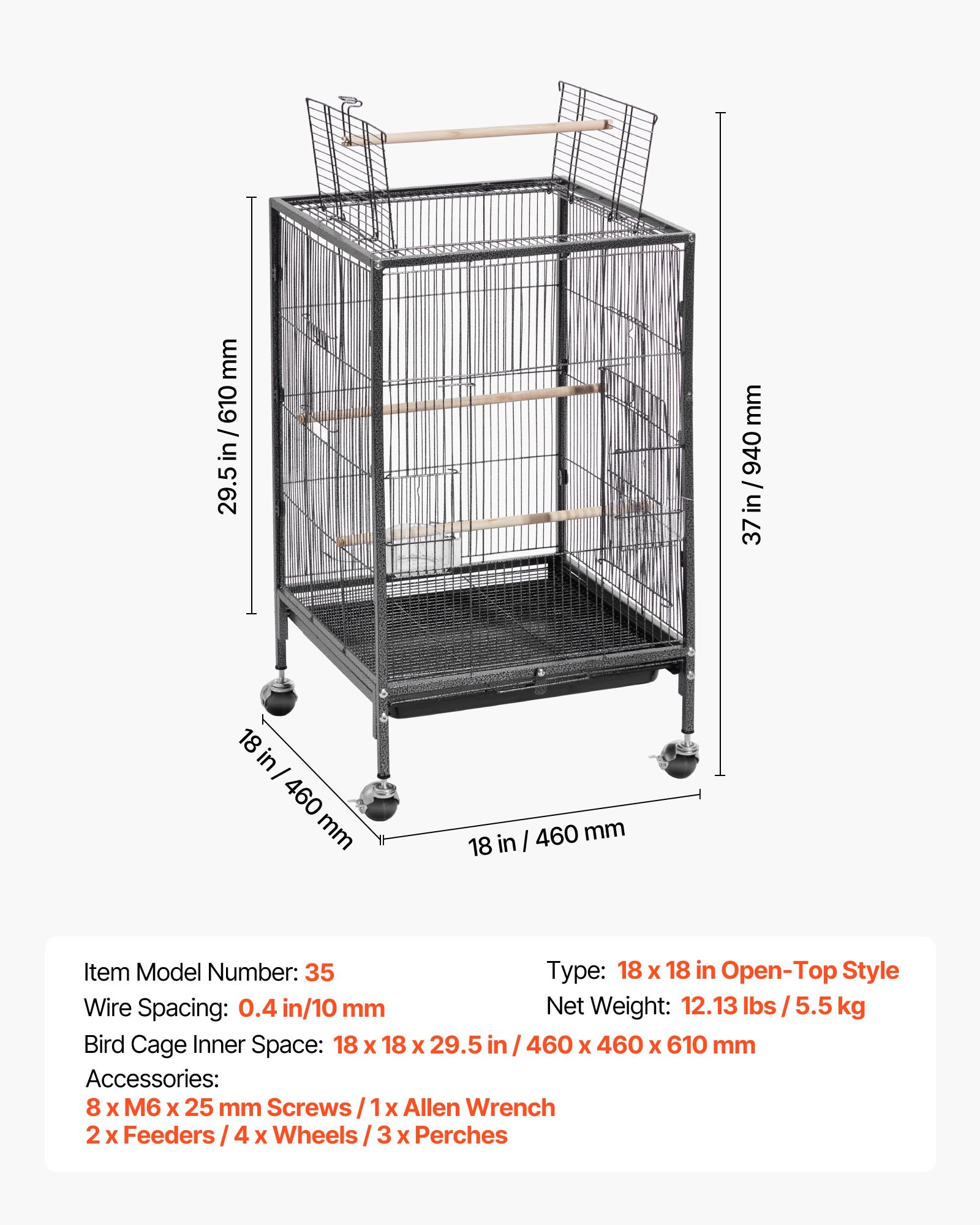 VEVOR Bird Cage, 460 x 460 x 770 mm, Open Flat Top, Wrought Iron Bird Flight Cage with Perches, Slide-Out Tray and Plastic Feeders, Casters, for Parrot, Blue Tit, Cockatiel, Canary, Budgerigar, Conure
