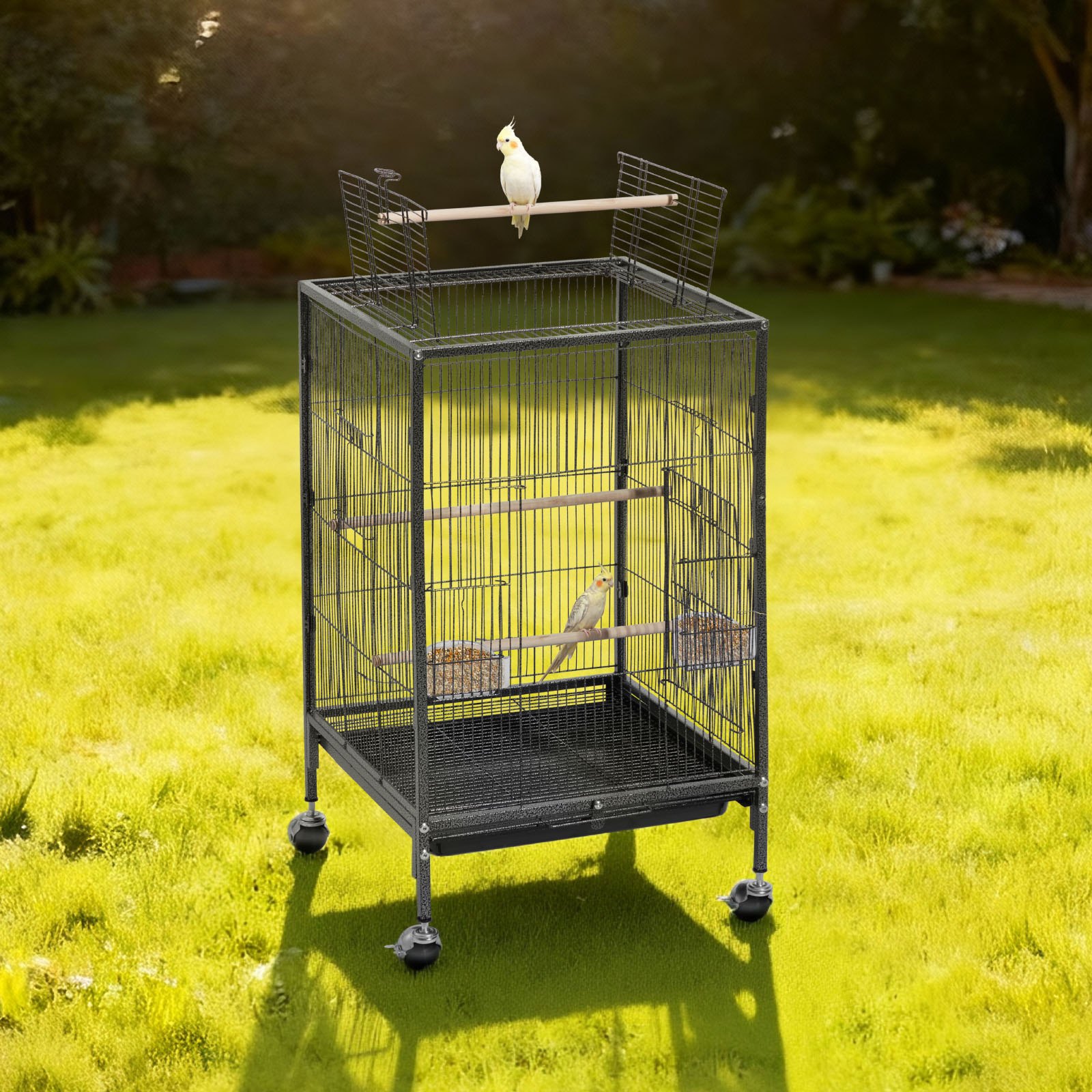 VEVOR Bird Cage, 460 x 460 x 770 mm, Open Flat Top, Wrought Iron Bird Flight Cage with Perches, Slide-Out Tray and Plastic Feeders, Casters, for Parrot, Blue Tit, Cockatiel, Canary, Budgerigar, Conure