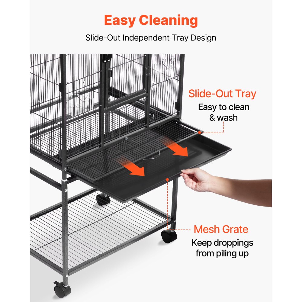 VEVOR Bird Cage, 625 x 425 x 1370 mm, Flat Top, Wrought Iron Bird Flight Cage with Perches, Slide-Out Tray and Plastic Feeders, Casters, for Parrot, Blue Tit, Cockatiel, Canary, Budgerigar, Conure