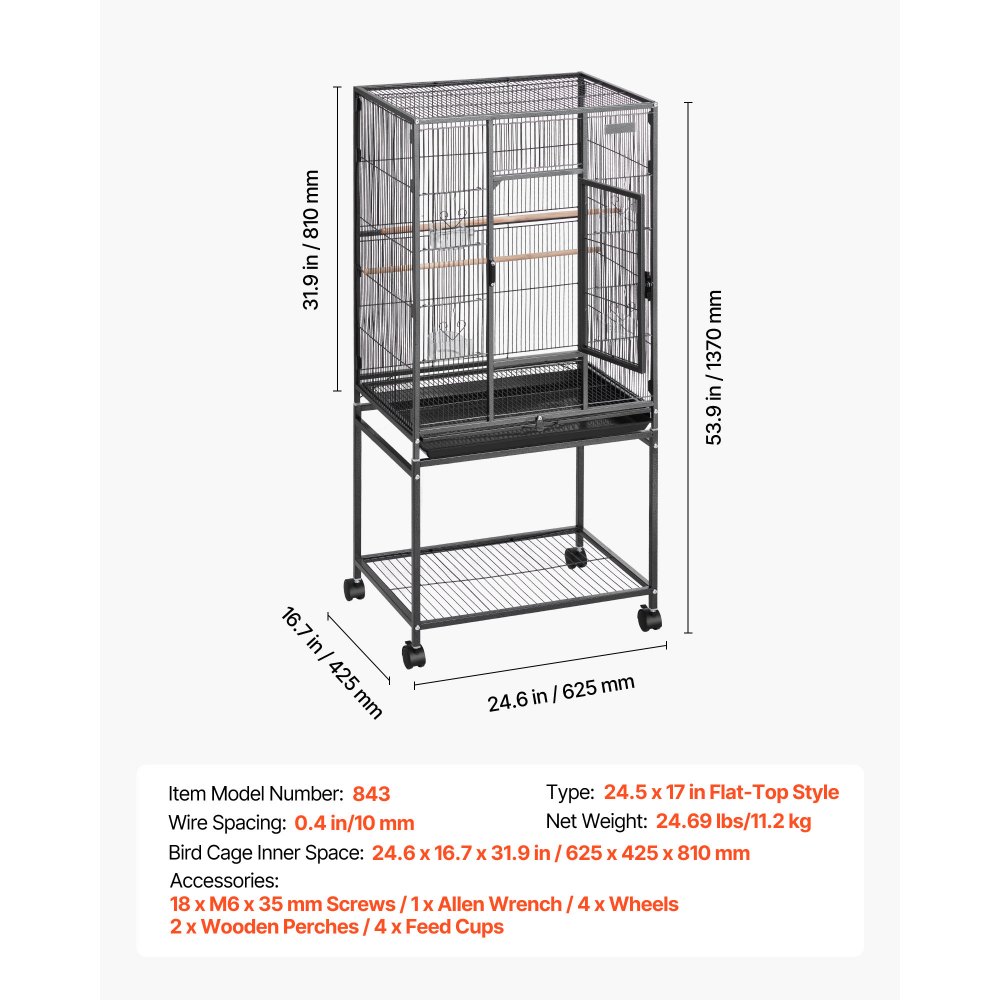 VEVOR Bird Cage, 625 x 425 x 1370 mm, Flat Top, Wrought Iron Bird Flight Cage with Perches, Slide-Out Tray and Plastic Feeders, Casters, for Parrot, Blue Tit, Cockatiel, Canary, Budgerigar, Conure