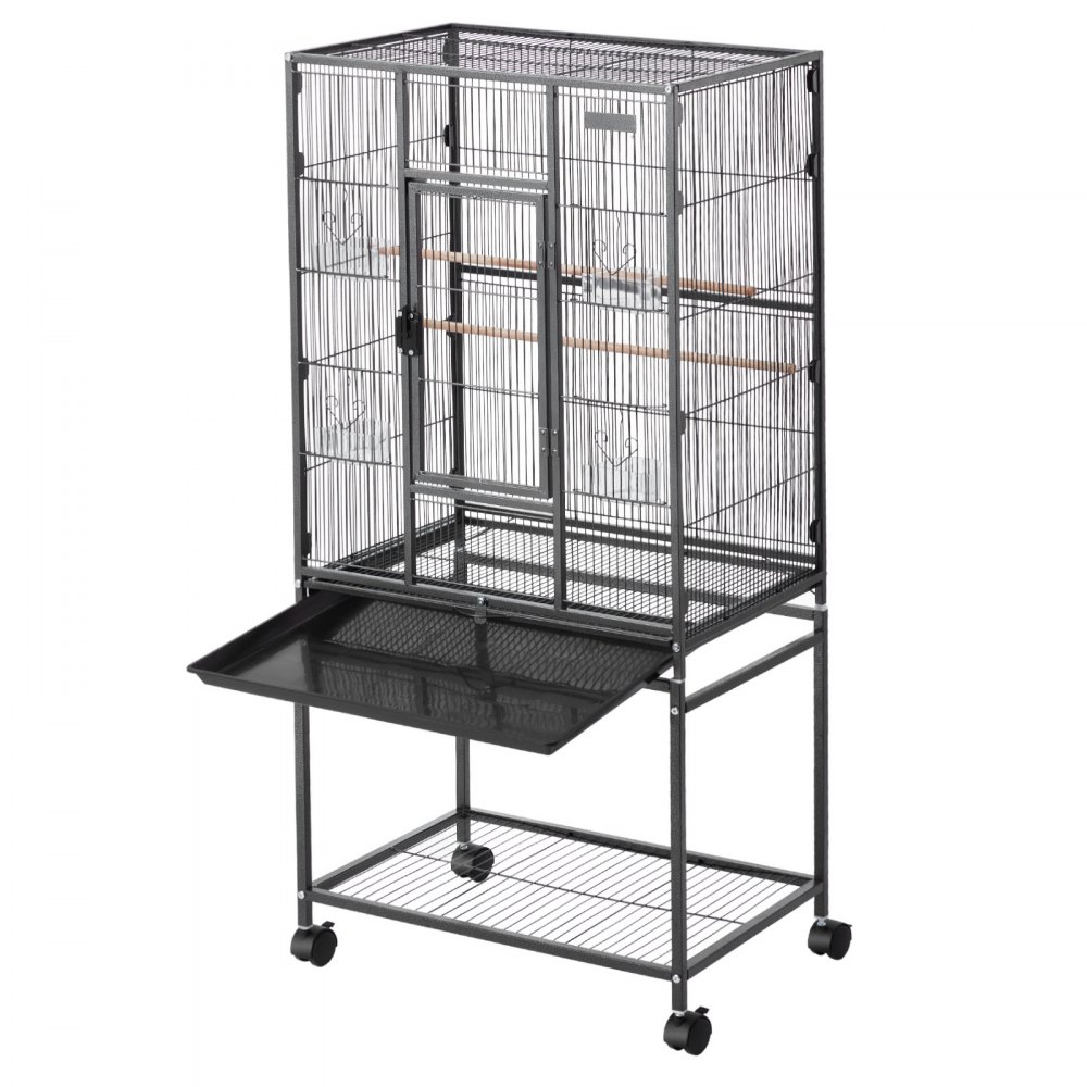 VEVOR Bird Cage, 625 x 425 x 1370 mm, Flat Top, Wrought Iron Bird Flight Cage with Perches, Slide-Out Tray and Plastic Feeders, Casters, for Parrot, Blue Tit, Cockatiel, Canary, Budgerigar, Conure