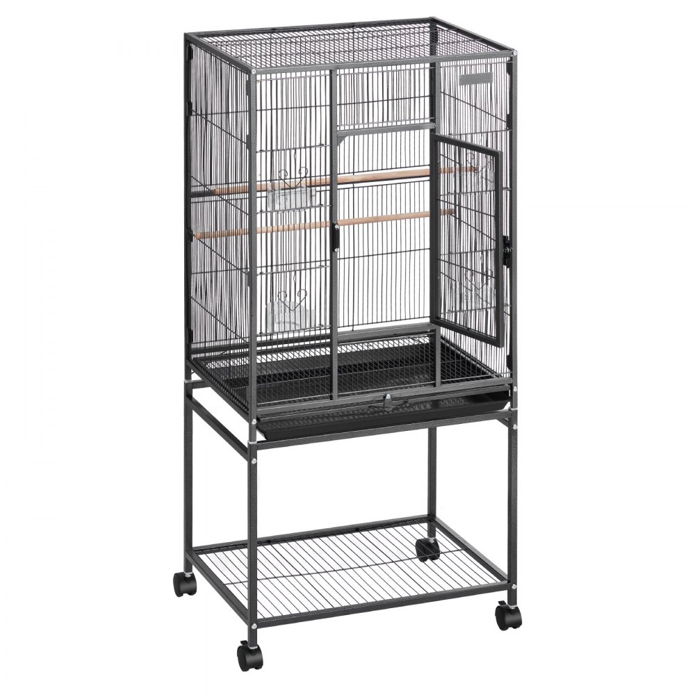 VEVOR Bird Cage, 625 x 425 x 1370 mm, Flat Top, Wrought Iron Bird Flight Cage with Perches, Slide-Out Tray and Plastic Feeders, Casters, for Parrot, Blue Tit, Cockatiel, Canary, Budgerigar, Conure