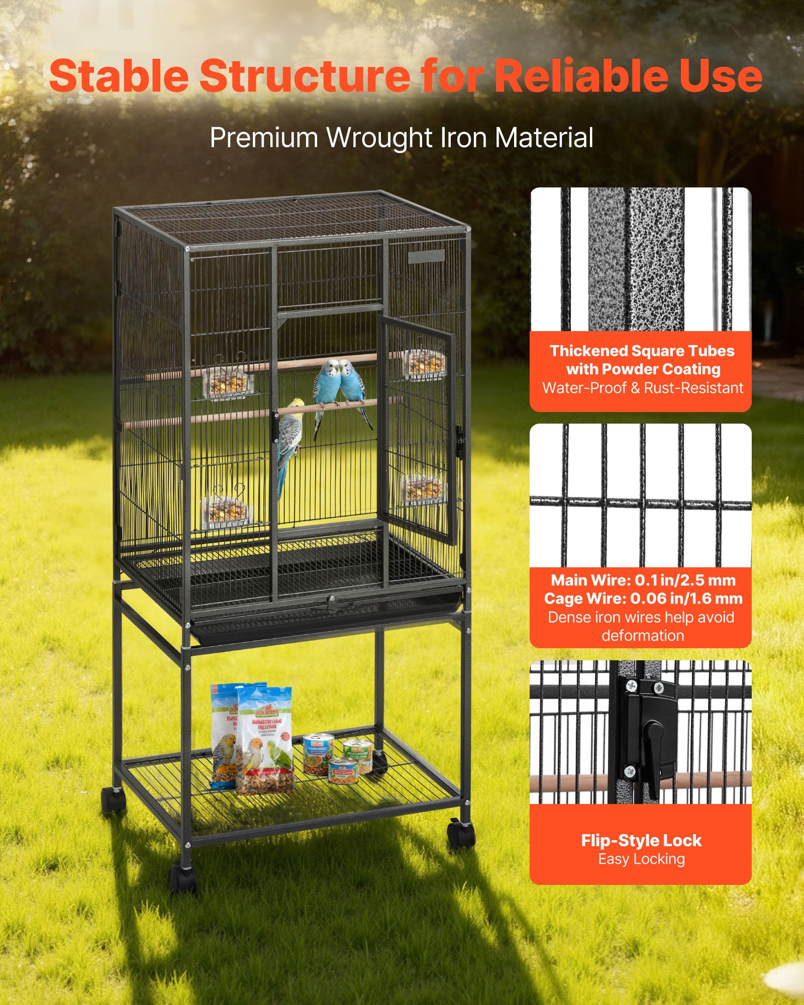 VEVOR Bird Cage, 625 x 425 x 1370 mm, Flat Top, Wrought Iron Bird Flight Cage with Perches, Slide-Out Tray and Plastic Feeders, Casters, for Parrot, Blue Tit, Cockatiel, Canary, Budgerigar, Conure