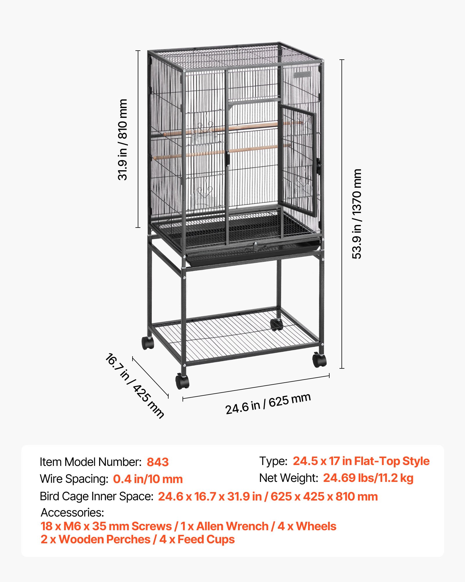 VEVOR Bird Cage, 625 x 425 x 1370 mm, Flat Top, Wrought Iron Bird Flight Cage with Perches, Slide-Out Tray and Plastic Feeders, Casters, for Parrot, Blue Tit, Cockatiel, Canary, Budgerigar, Conure