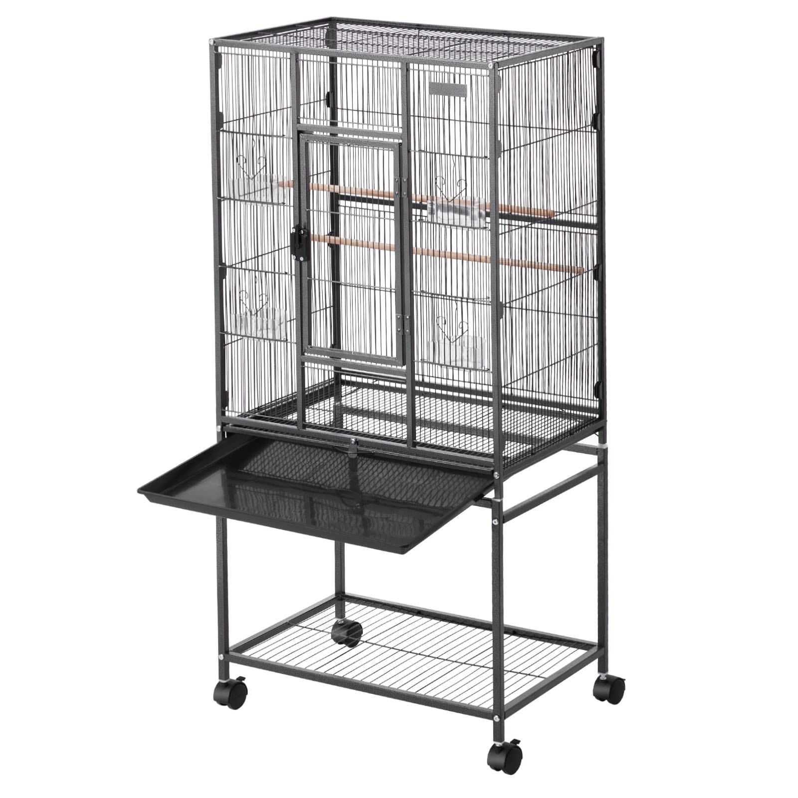 VEVOR Bird Cage, 625 x 425 x 1370 mm, Flat Top, Wrought Iron Bird Flight Cage with Perches, Slide-Out Tray and Plastic Feeders, Casters, for Parrot, Blue Tit, Cockatiel, Canary, Budgerigar, Conure