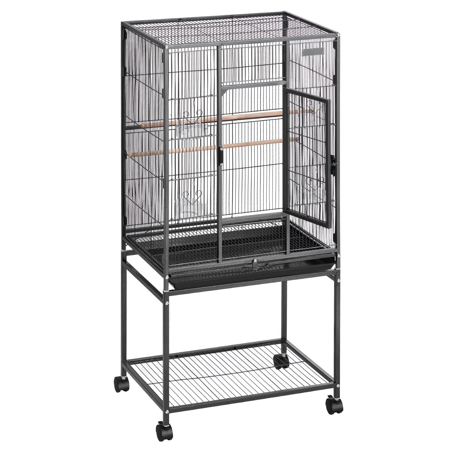 VEVOR Bird Cage, 625 x 425 x 1370 mm, Flat Top, Wrought Iron Bird Flight Cage with Perches, Slide-Out Tray and Plastic Feeders, Casters, for Parrot, Blue Tit, Cockatiel, Canary, Budgerigar, Conure