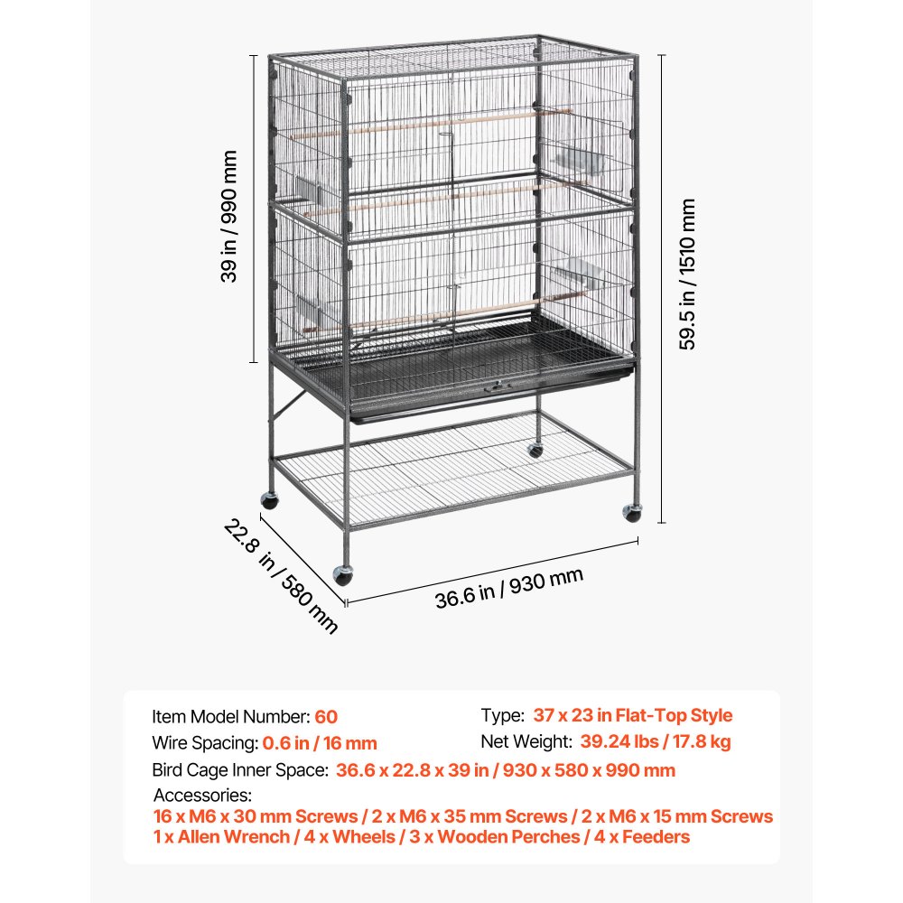 VEVOR Bird Cage, 930 x 580 x 1510 mm, Flat Top, Wrought Iron Bird Flight Cage with Perches, Slide-Out Tray and Plastic Feeders, for Blue Tit, Cockatiel, Canary, Monk Parakeet, African Grey Parrot