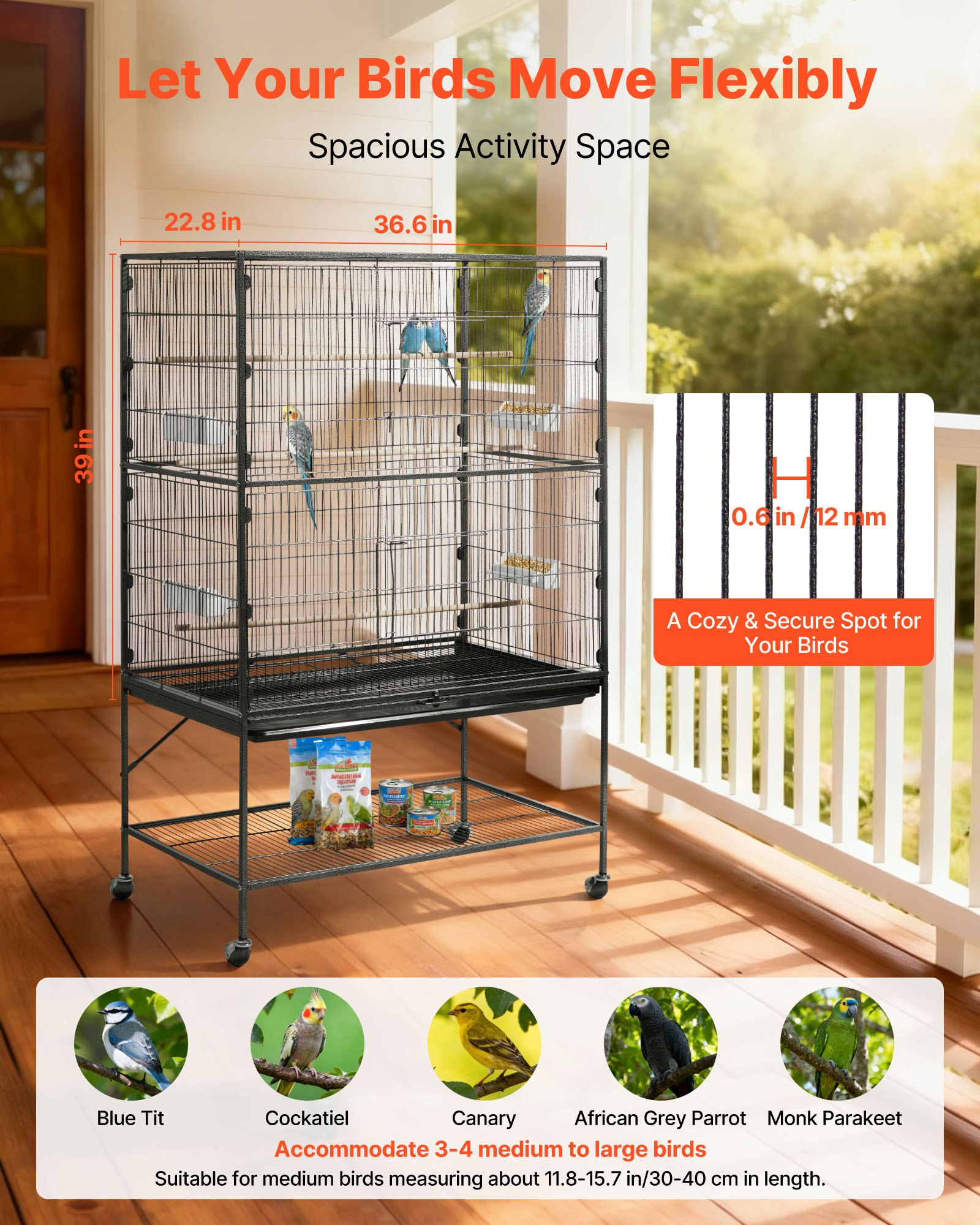 VEVOR Bird Cage, 930 x 580 x 1510 mm, Flat Top, Wrought Iron Bird Flight Cage with Perches, Slide-Out Tray and Plastic Feeders, for Blue Tit, Cockatiel, Canary, Monk Parakeet, African Grey Parrot
