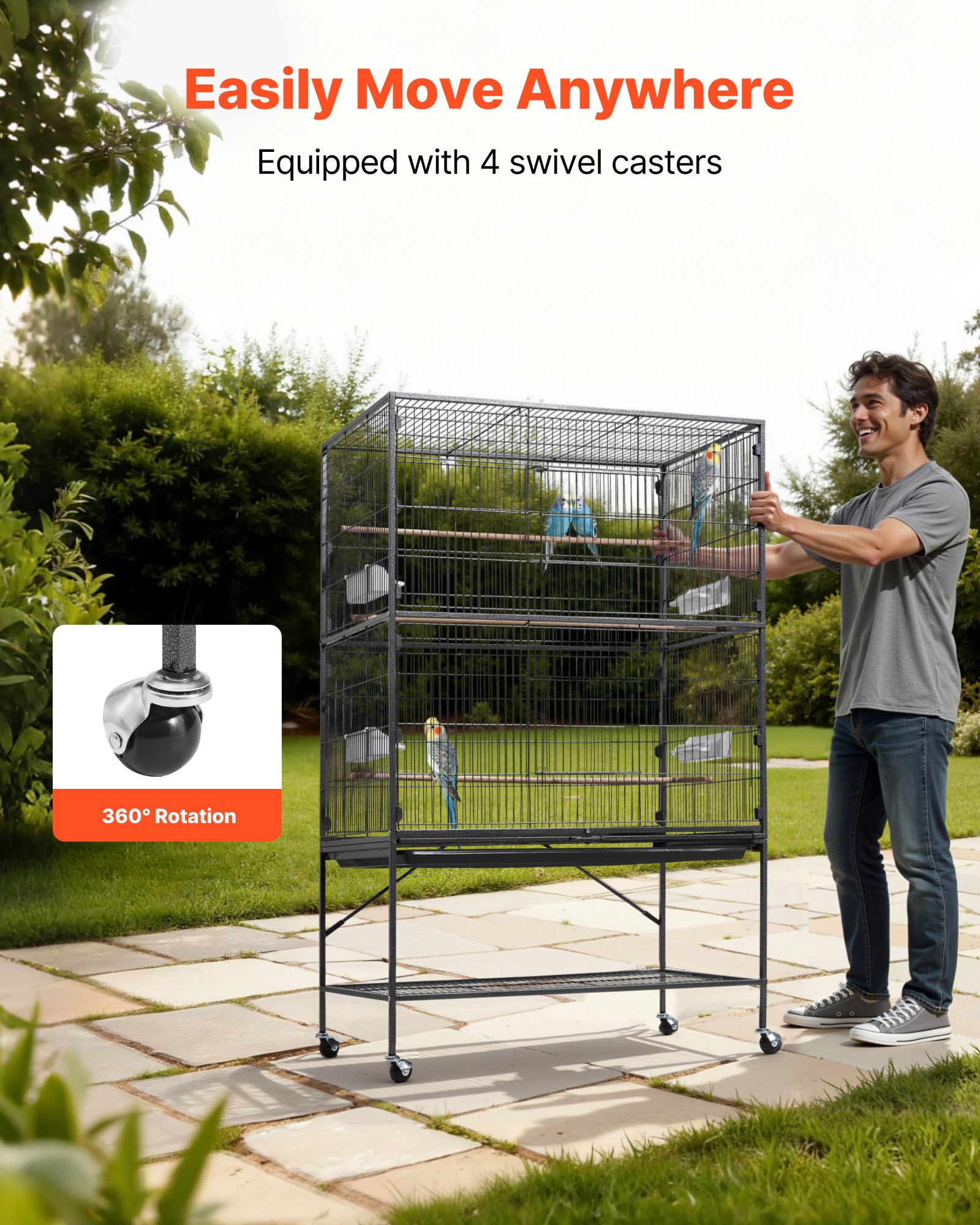 VEVOR Bird Cage, 930 x 580 x 1510 mm, Flat Top, Wrought Iron Bird Flight Cage with Perches, Slide-Out Tray and Plastic Feeders, for Blue Tit, Cockatiel, Canary, Monk Parakeet, African Grey Parrot