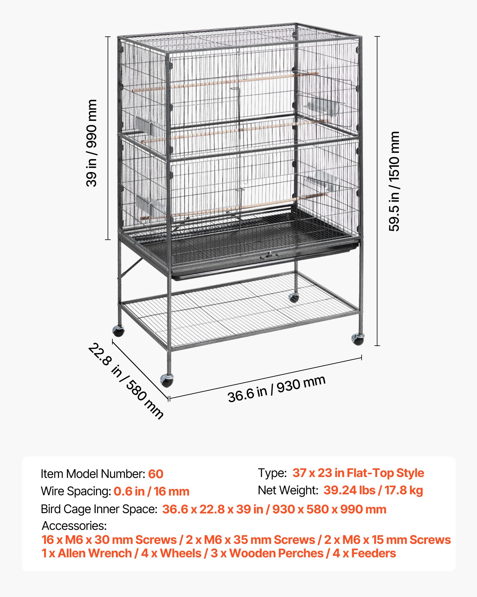 VEVOR Bird Cage, 930 x 580 x 1510 mm, Flat Top, Wrought Iron Bird Flight Cage with Perches, Slide-Out Tray and Plastic Feeders, for Blue Tit, Cockatiel, Canary, Monk Parakeet, African Grey Parrot