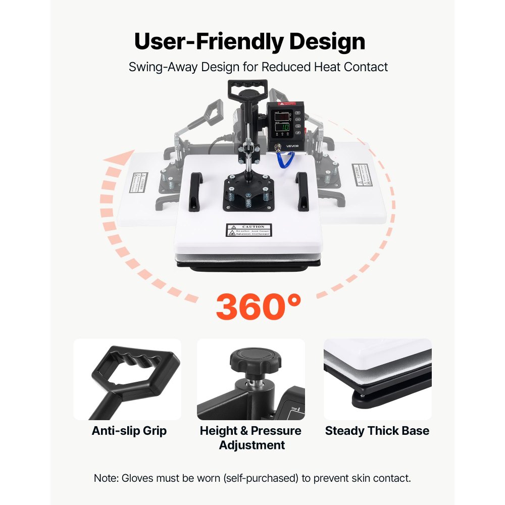 VEVOR Heat Press Machine 38 x 38 cm 2-in-1 Combo Sublimation Press Machine, 360° Swing Away, Heat Up Fast and Even, Digital Precise Time and Temperature Control, for T-Shirts, Pillowcases, and Hats
