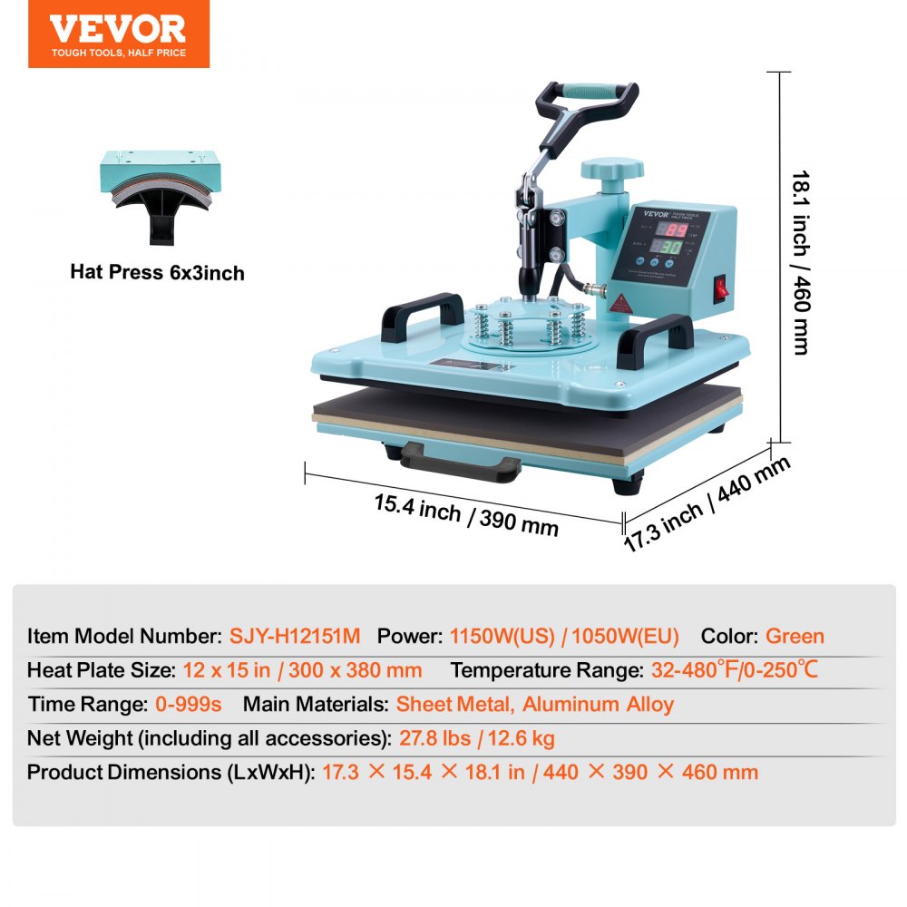 VEVOR Heat Press Machine 12x15 v 2 v 1 Heat Transfer Machine pro trička a klobouky