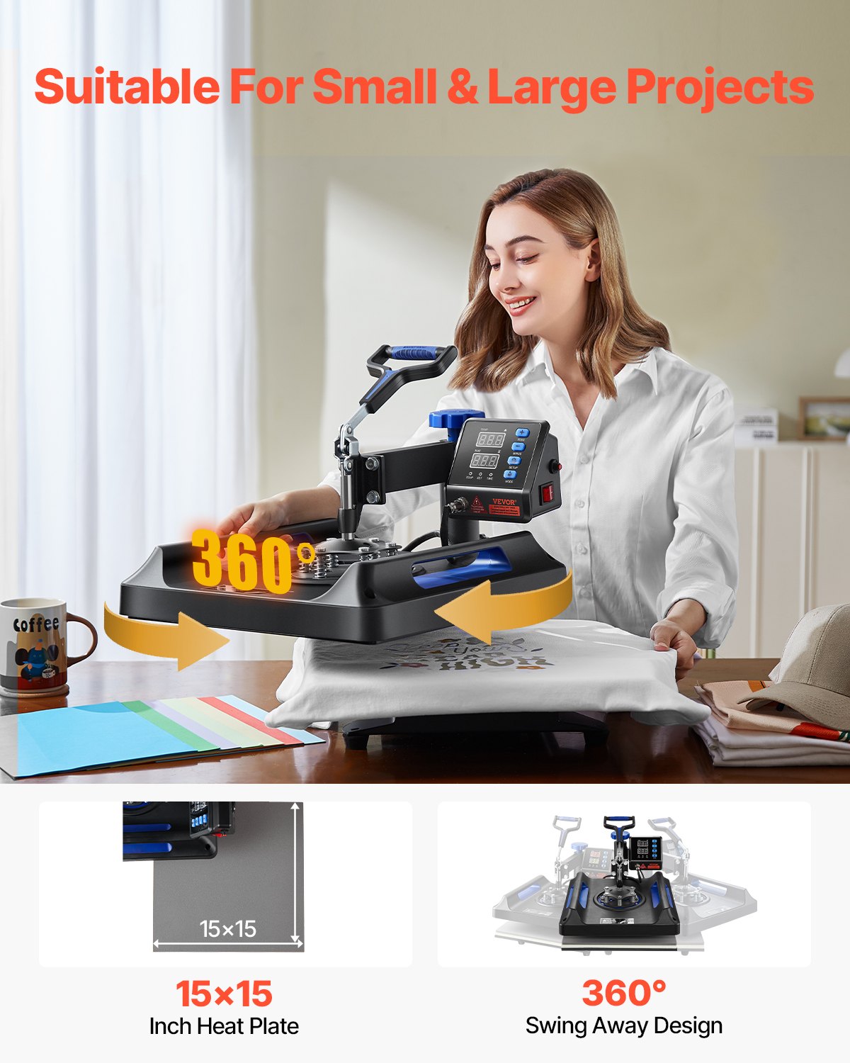 VEVOR Heat Press Machine 8 in 1 Combo, Heat Press 15x15 in, Swing Away T Shirt Printing Machine Digital Control, Multifunction Transfer Machine Sublimation, for T-Shirt Hat Cap Mug Plate, Blue