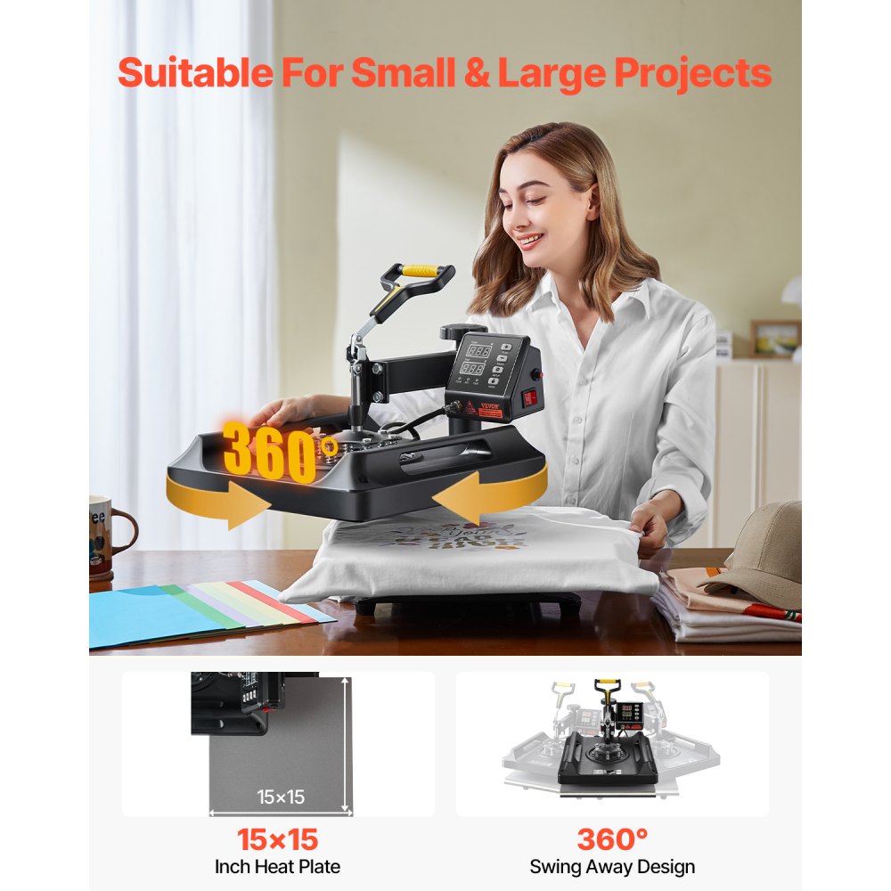 VEVOR Heat Press Machine 8 in 1 Combo, Heat Press 15x15 in, Swing Away T Shirt Printing Machine Digital Control, Multifunction Transfer Machine Sublimation, for T-Shirt Hat Cap Mug Plate, Black