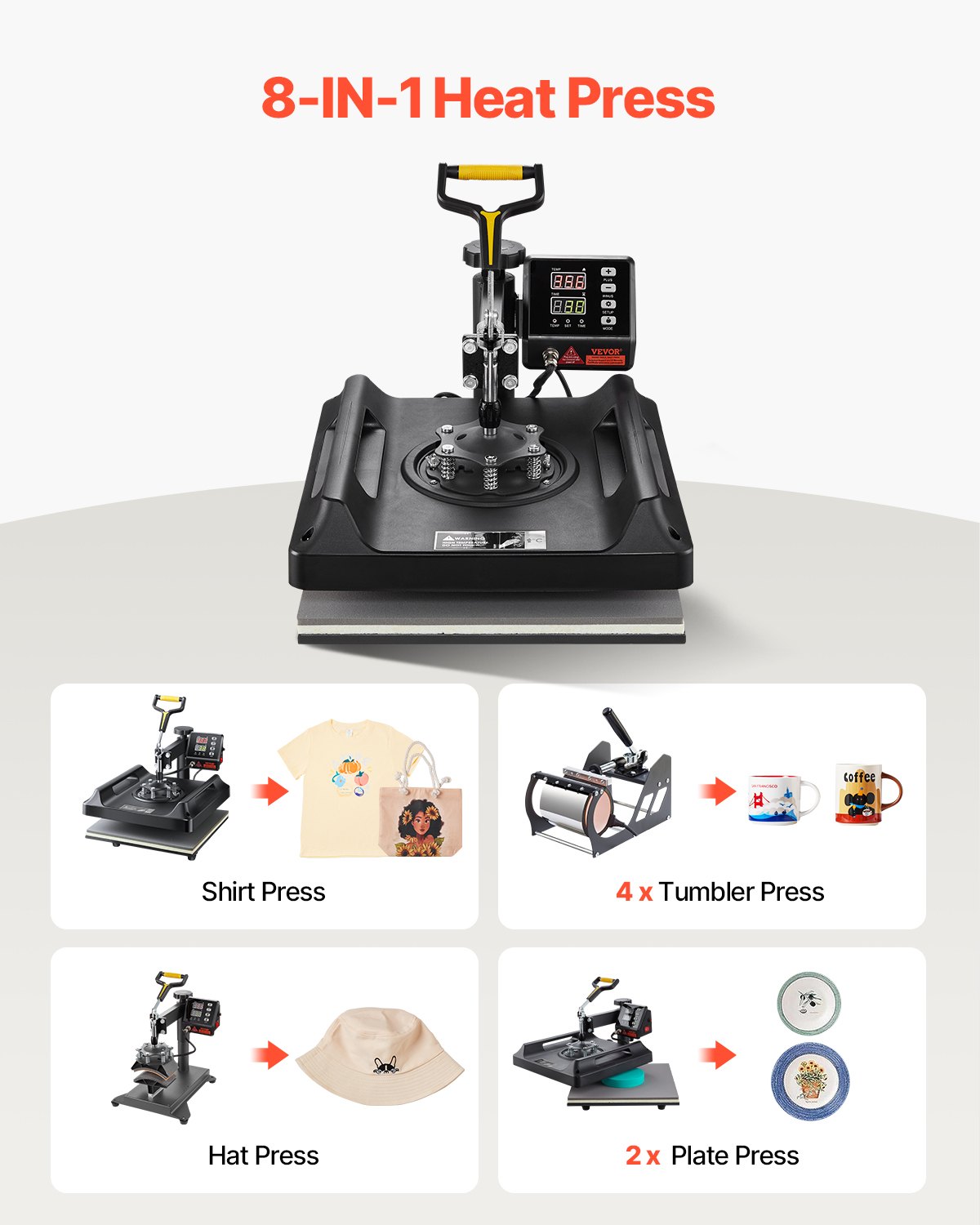 VEVOR Heat Press Machine 8 in 1 Combo, Heat Press 15x15 in, Swing Away T Shirt Printing Machine Digital Control, Multifunction Transfer Machine Sublimation, for T-Shirt Hat Cap Mug Plate, Black