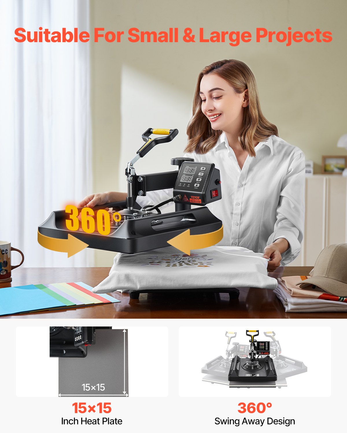 VEVOR Heat Press Machine 8 in 1 Combo, Heat Press 15x15 in, Swing Away T Shirt Printing Machine Digital Control, Multifunction Transfer Machine Sublimation, for T-Shirt Hat Cap Mug Plate, Black