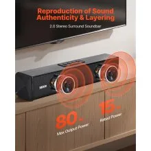 VEVOR Sound Bar for Smart TV, 2.0 Channel, 17-Inch Compact Soundbar TV Speakers for Projector, Bluetooth AUX Connection, Remote Control, Easy Setup, 80W Surround Sound System for PC Home Theater Audio