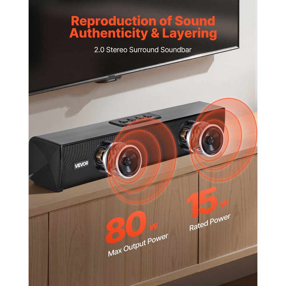 VEVOR Sound Bar for Smart TV, 2.0 Channel, 450 mm Compact Soundbar TV Speakers for Projector, Bluetooth AUX Connection, Remote Control, Easy Setup, 80W Surround Sound System for PC Home Theater Audio