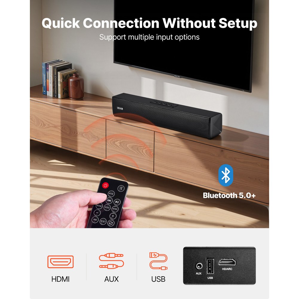 VEVOR Sound Bar for Smart TV, 2.0 Channel, 450 mm Compact Soundbar TV Speakers for Projector, Bluetooth AUX Connection, Remote Control, Easy Setup, 80W Surround Sound System for PC Home Theater Audio