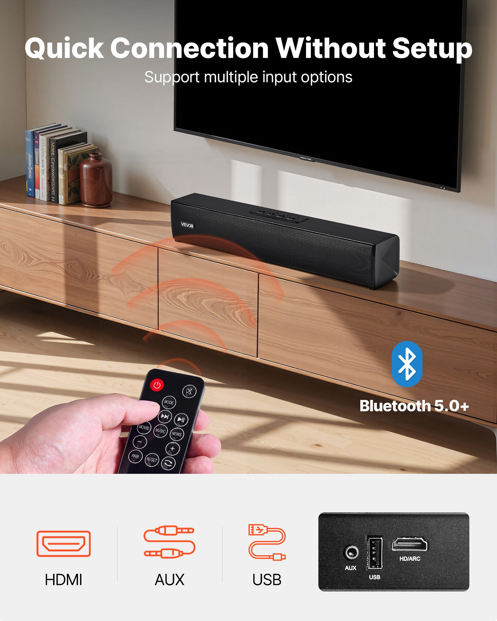 VEVOR Sound Bar for Smart TV, 2.0 Channel, 450 mm Compact Soundbar TV Speakers for Projector, Bluetooth AUX Connection, Remote Control, Easy Setup, 80W Surround Sound System for PC Home Theater Audio